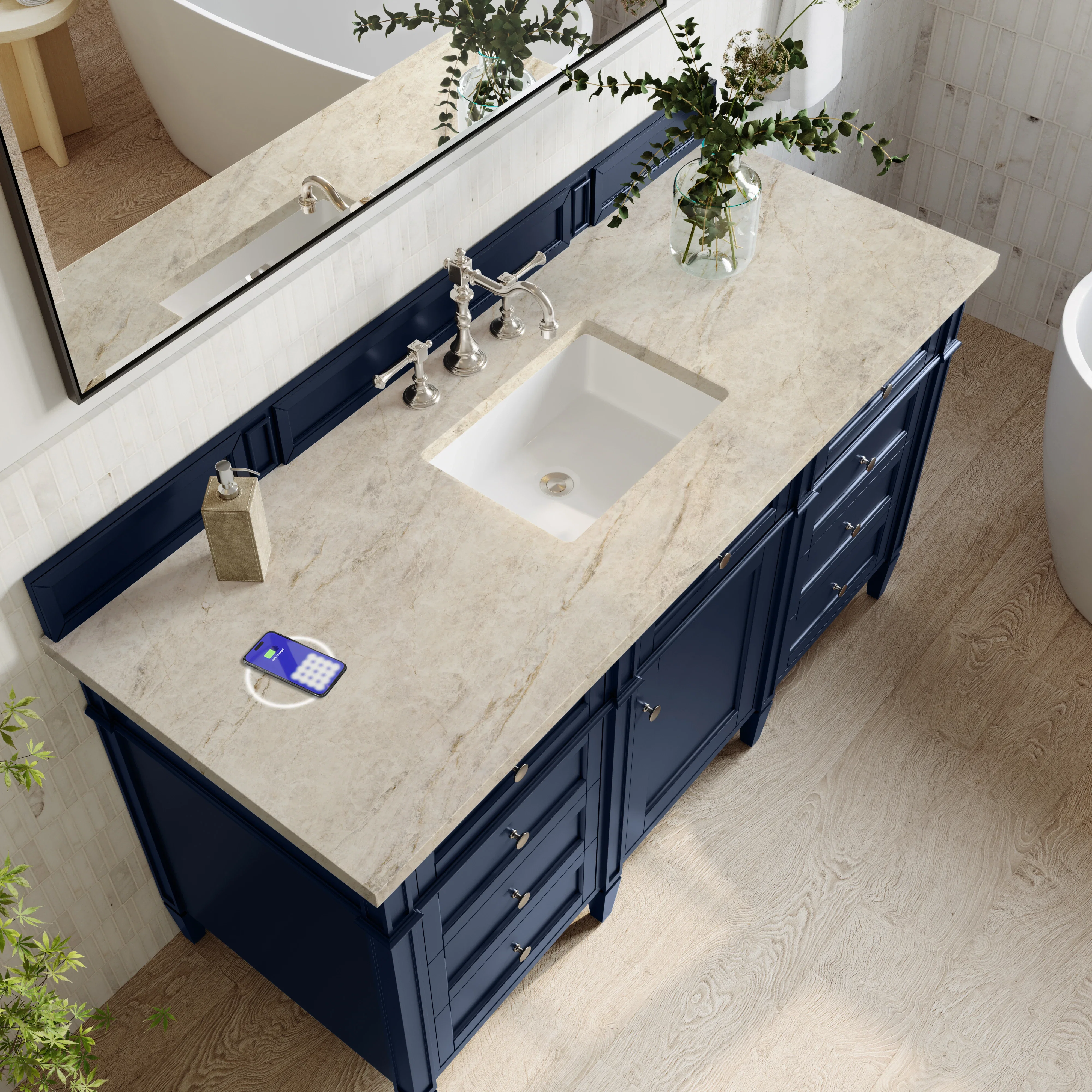 Brittany 60" Single Vanity, Victory Blue, w/ 3 CM Tajnar Eclos Top w/FreePower Wireless Charger