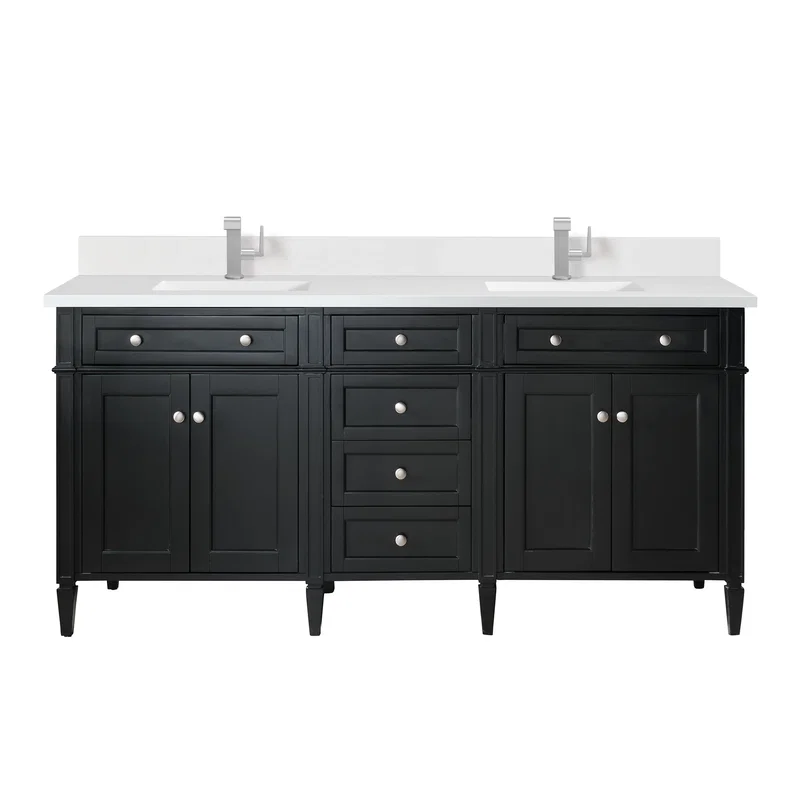 Brittany 72" Double Vanity, Black Onyx w/ Single Hole 3 CM White Zeus Silestone Top & Backsplash