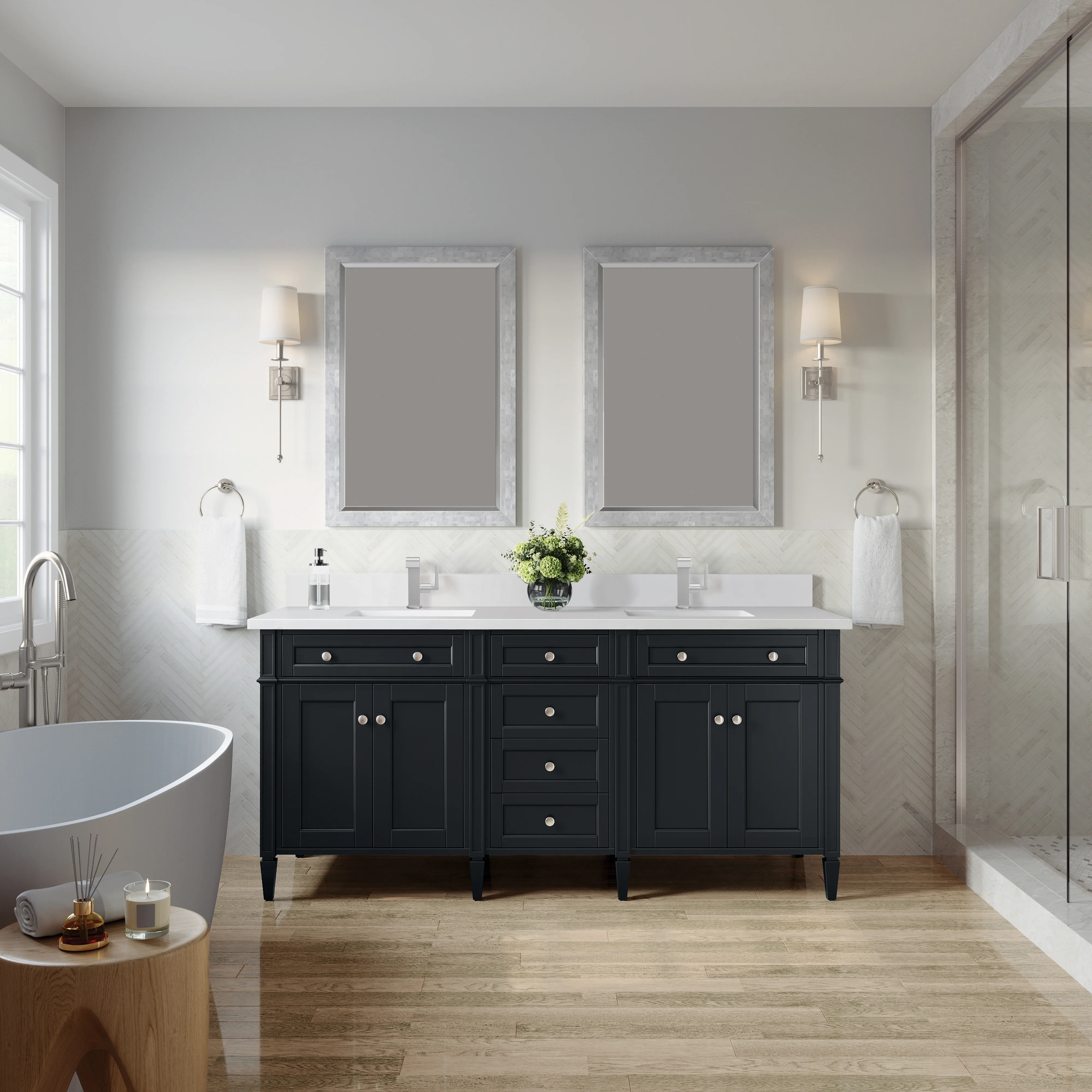 Brittany 72" Double Vanity, Black Onyx w/ Single Hole 3 CM White Zeus Silestone Top & Backsplash