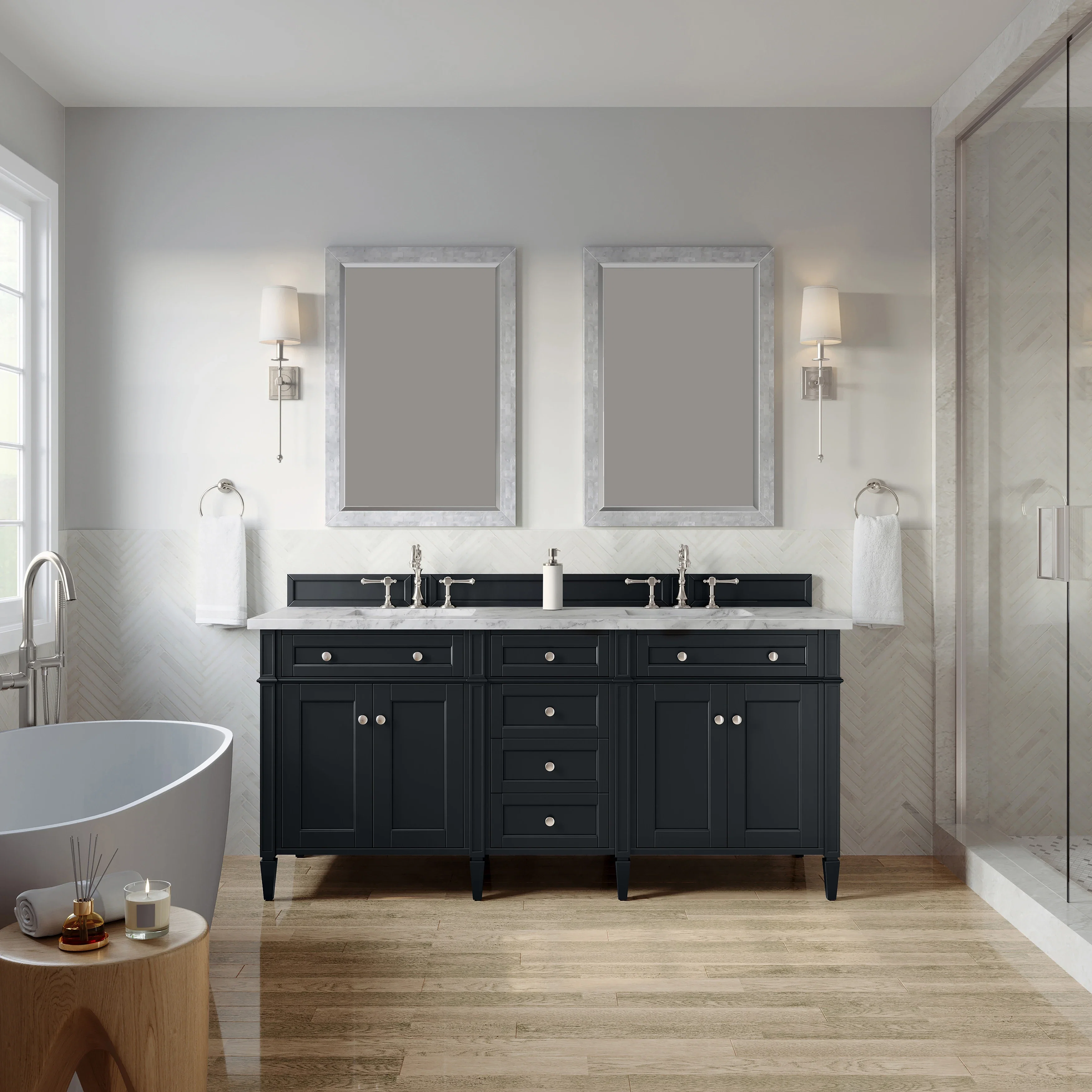 Brittany 72" Double Vanity, Black Onyx w/ 3 CM Carrara Marble Top