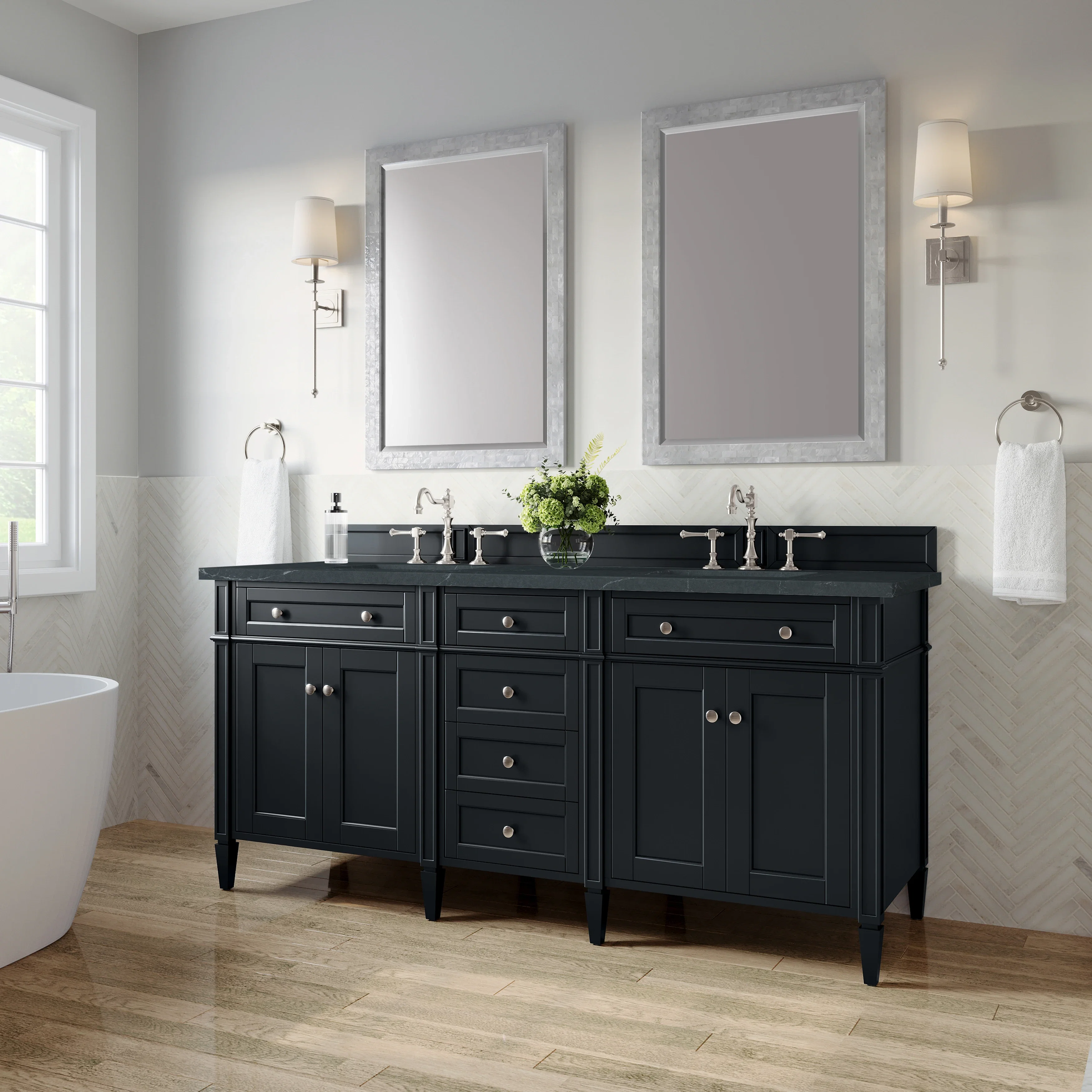 Brittany 72" Double Vanity, Black Onyx w/ 3 CM Charcoal Soapstone Silestone Top