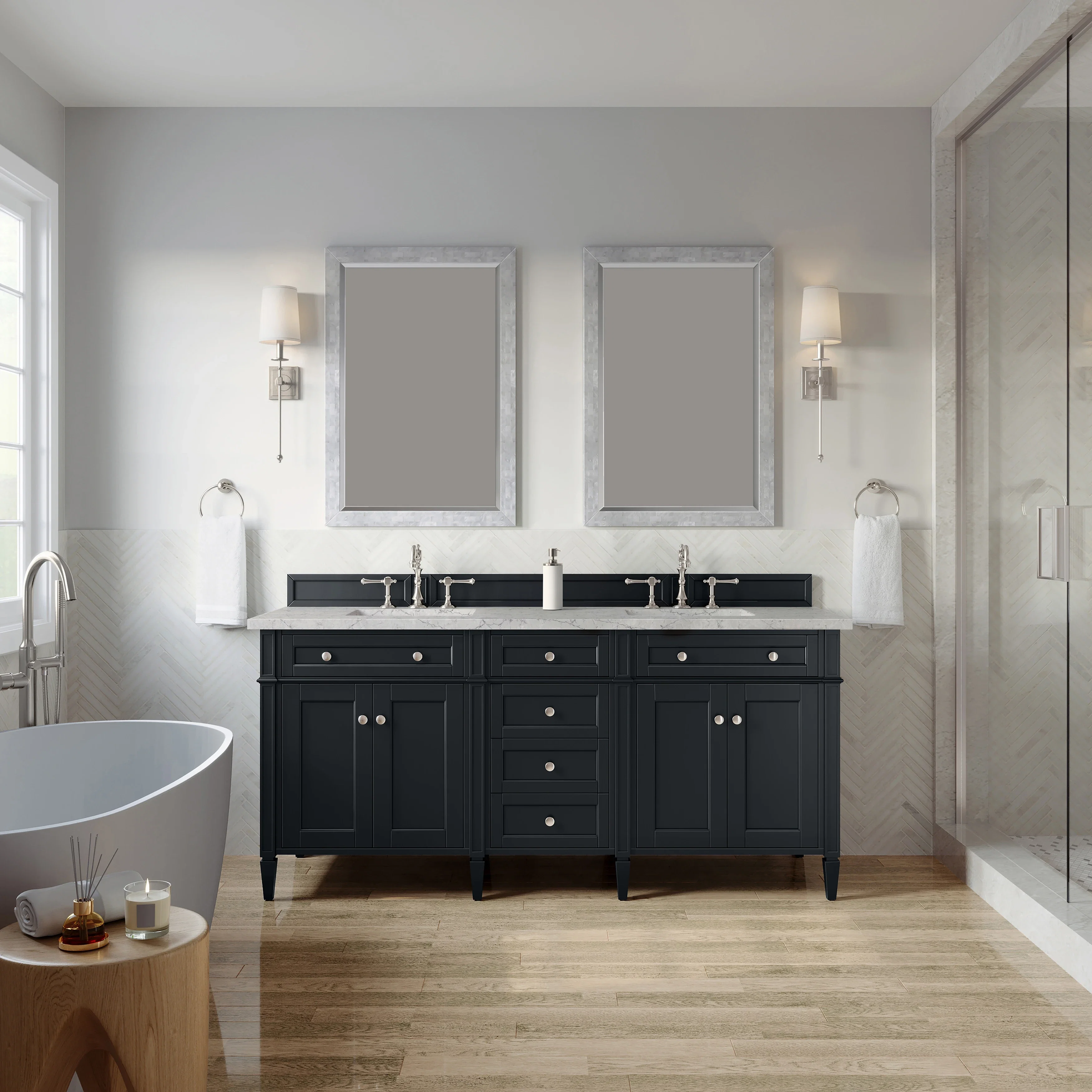 Brittany 72" Double Vanity, Black Onyx w/ 3 CM Eternal Jasmine Pearl Silestone Top