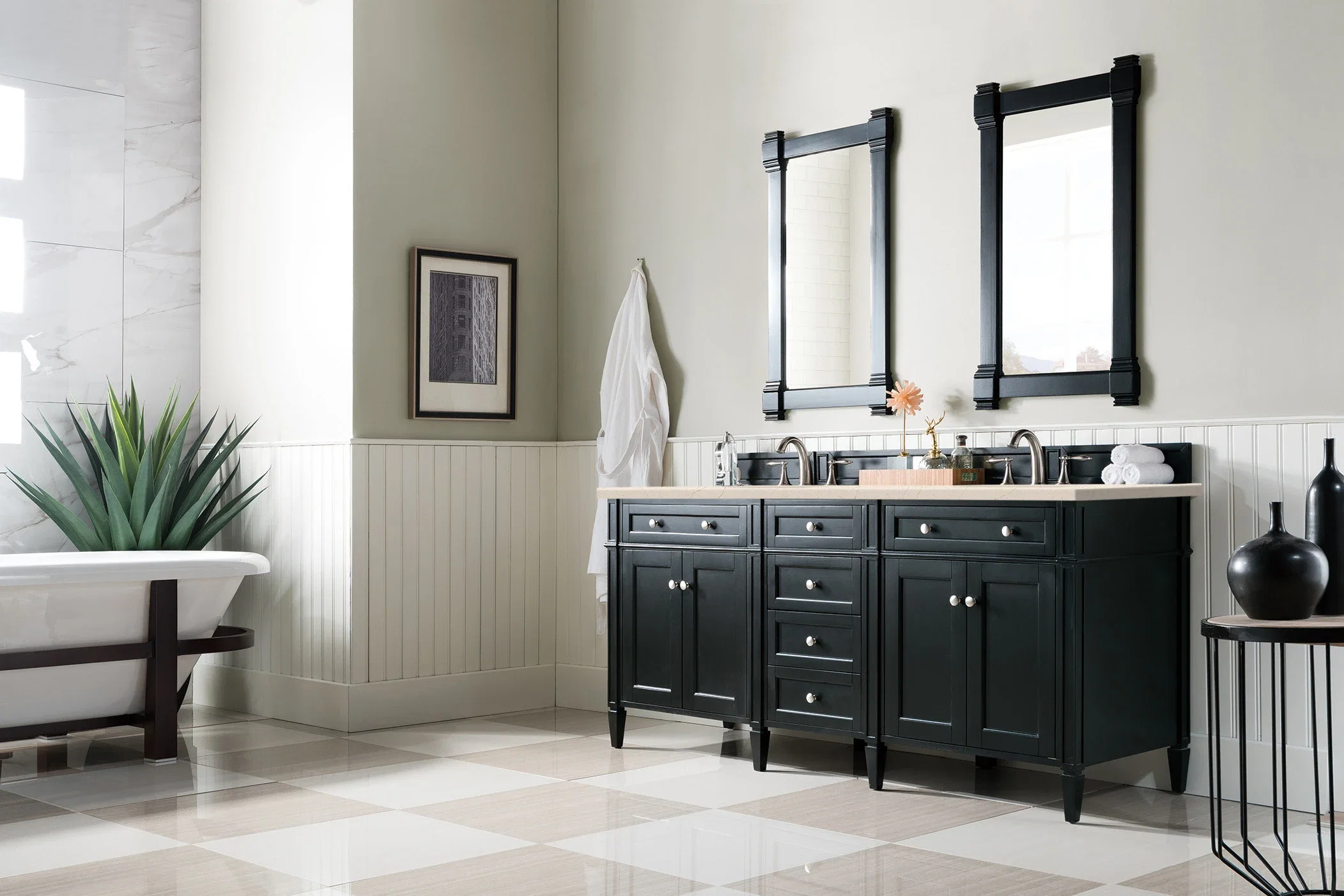 Brittany 72" Double Vanity, Black Onyx w/ 3 CM Eternal Marfil Silestone Top