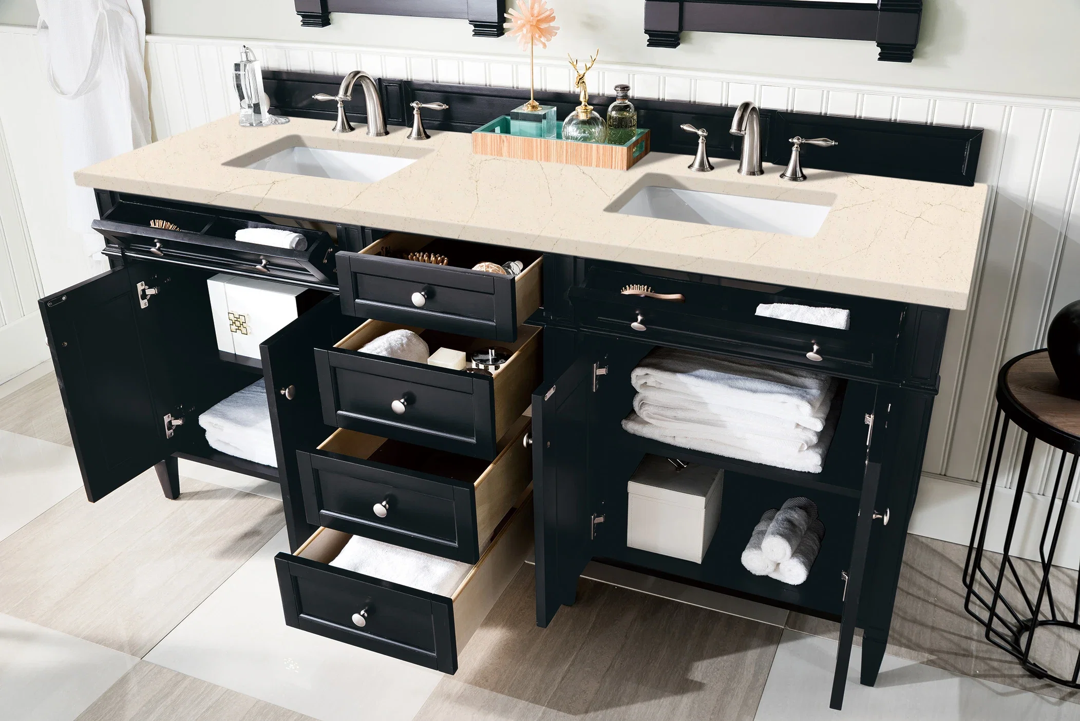 Brittany 72" Double Vanity, Black Onyx w/ 3 CM Eternal Marfil Silestone Top