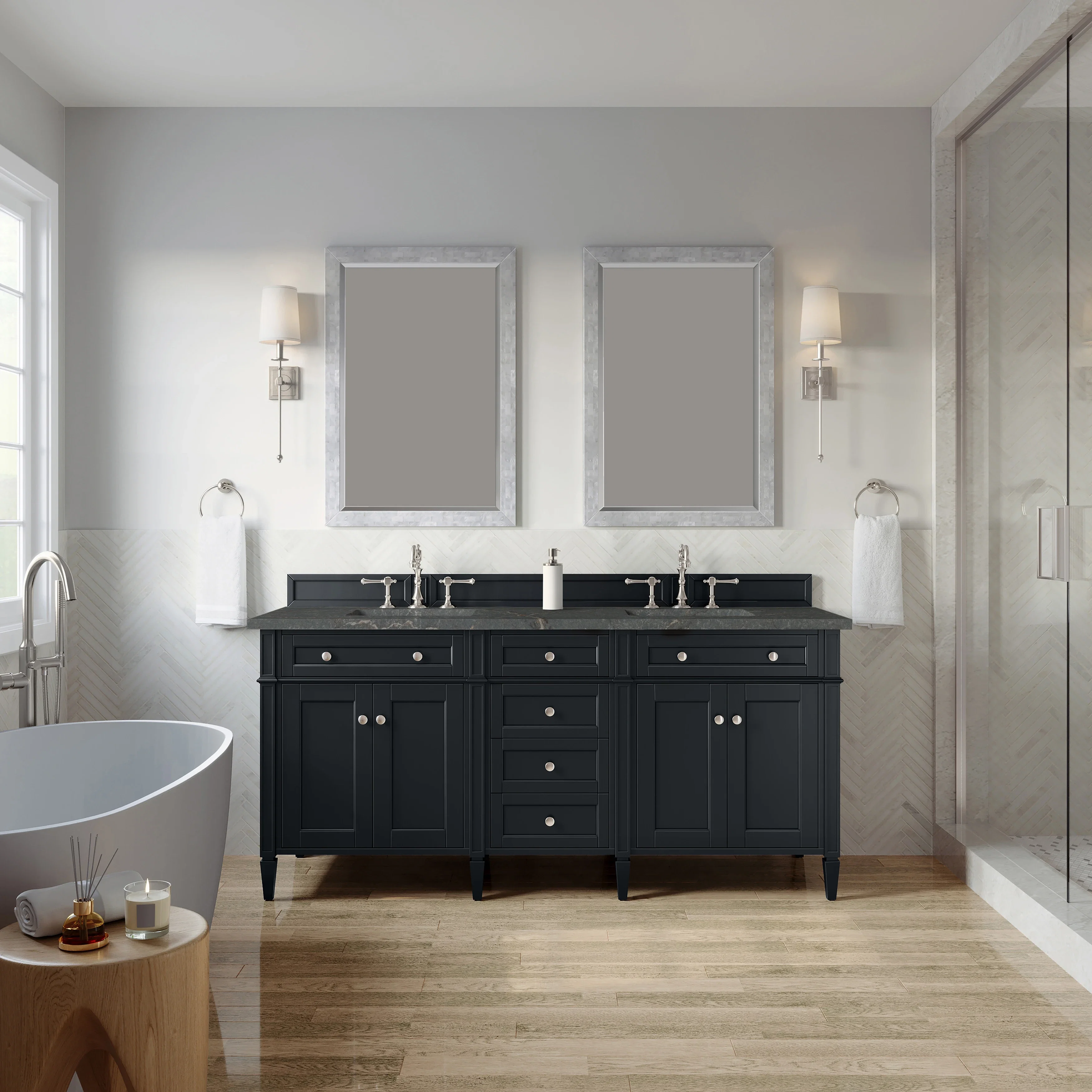 Brittany 72" Double Vanity, Black Onyx w/ 3 CM Parisien Bleu Silestone Top