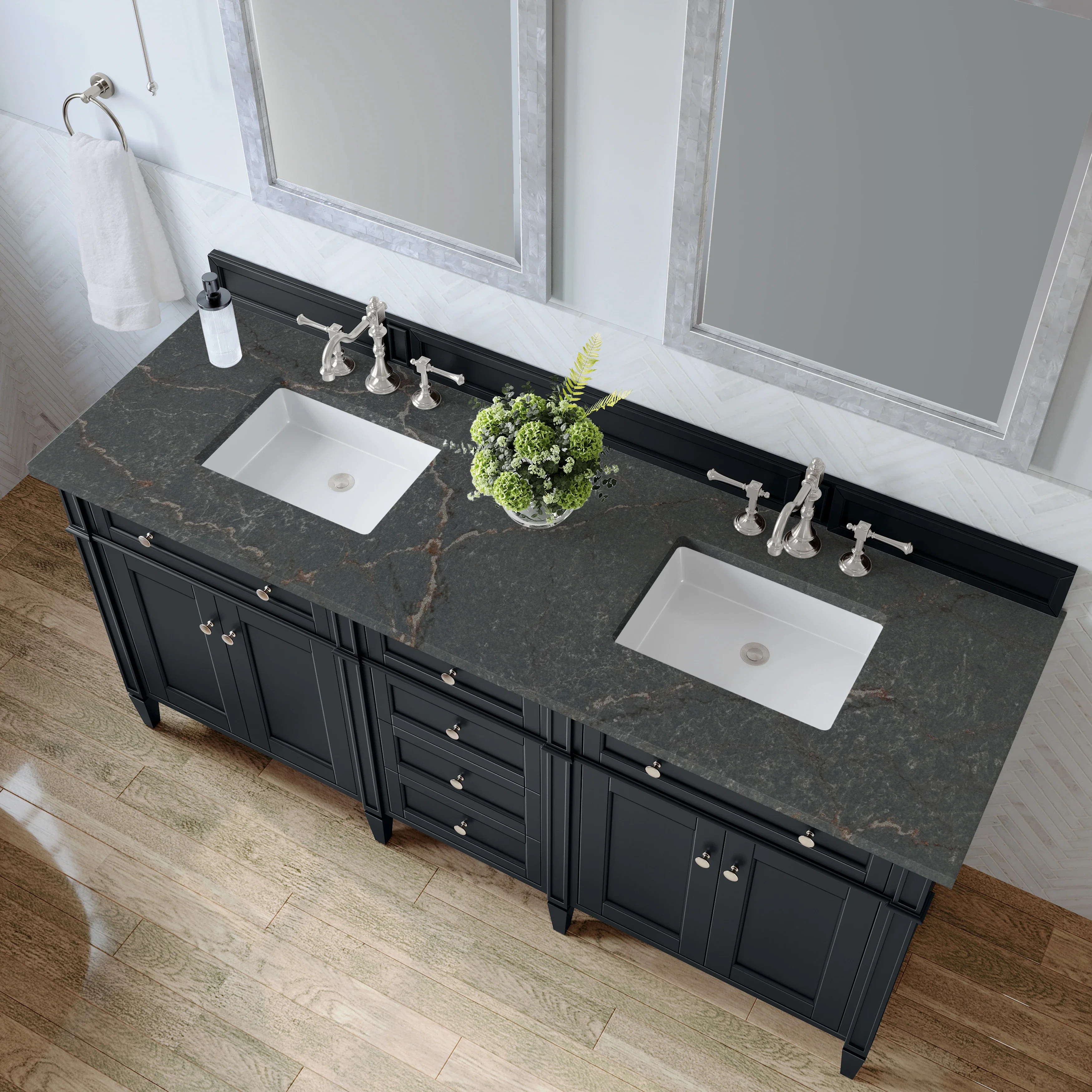 Brittany 72" Double Vanity, Black Onyx w/ 3 CM Parisien Bleu Silestone Top