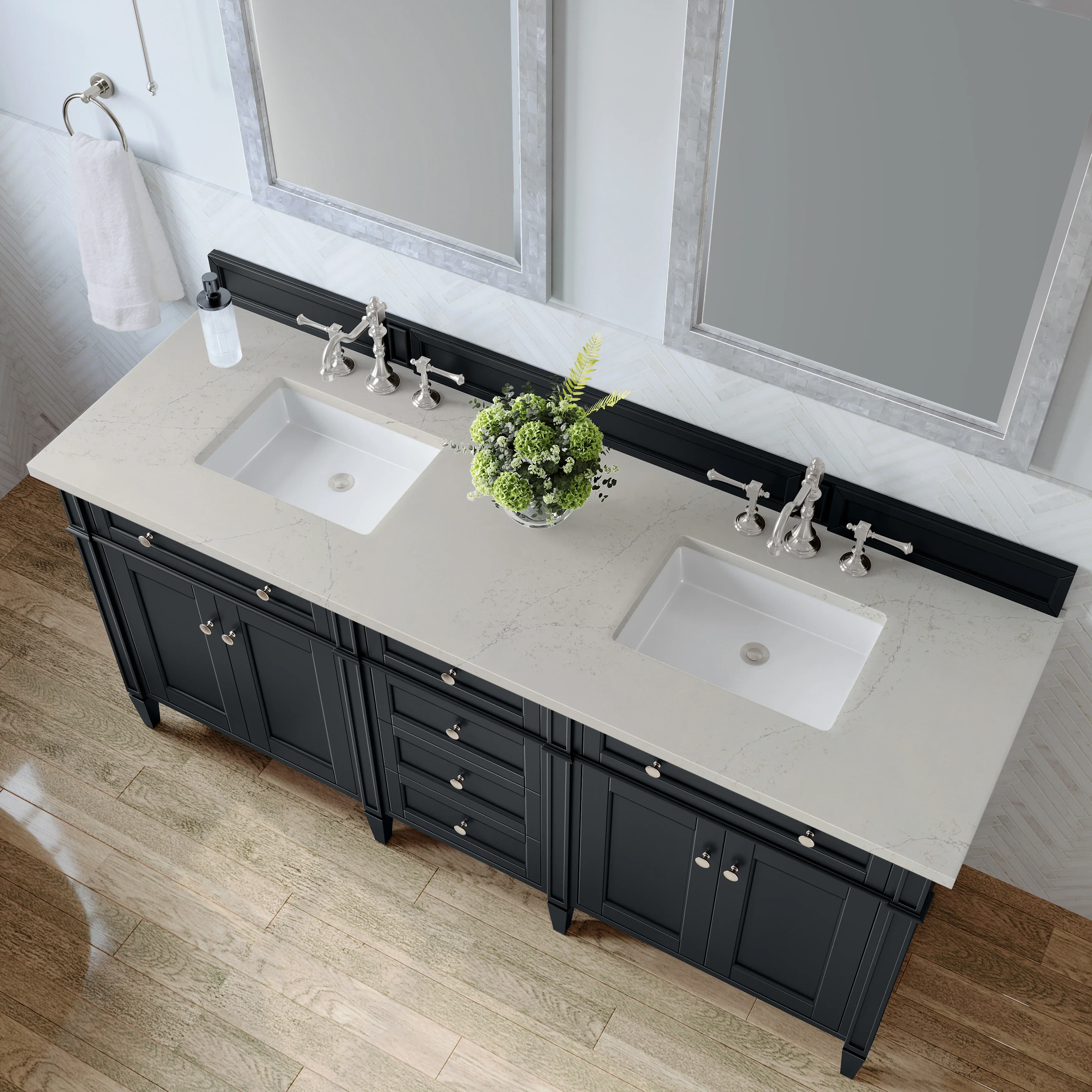 Brittany 72" Double Vanity, Black Onyx, w/ 3 CM Siberian Silestone Top