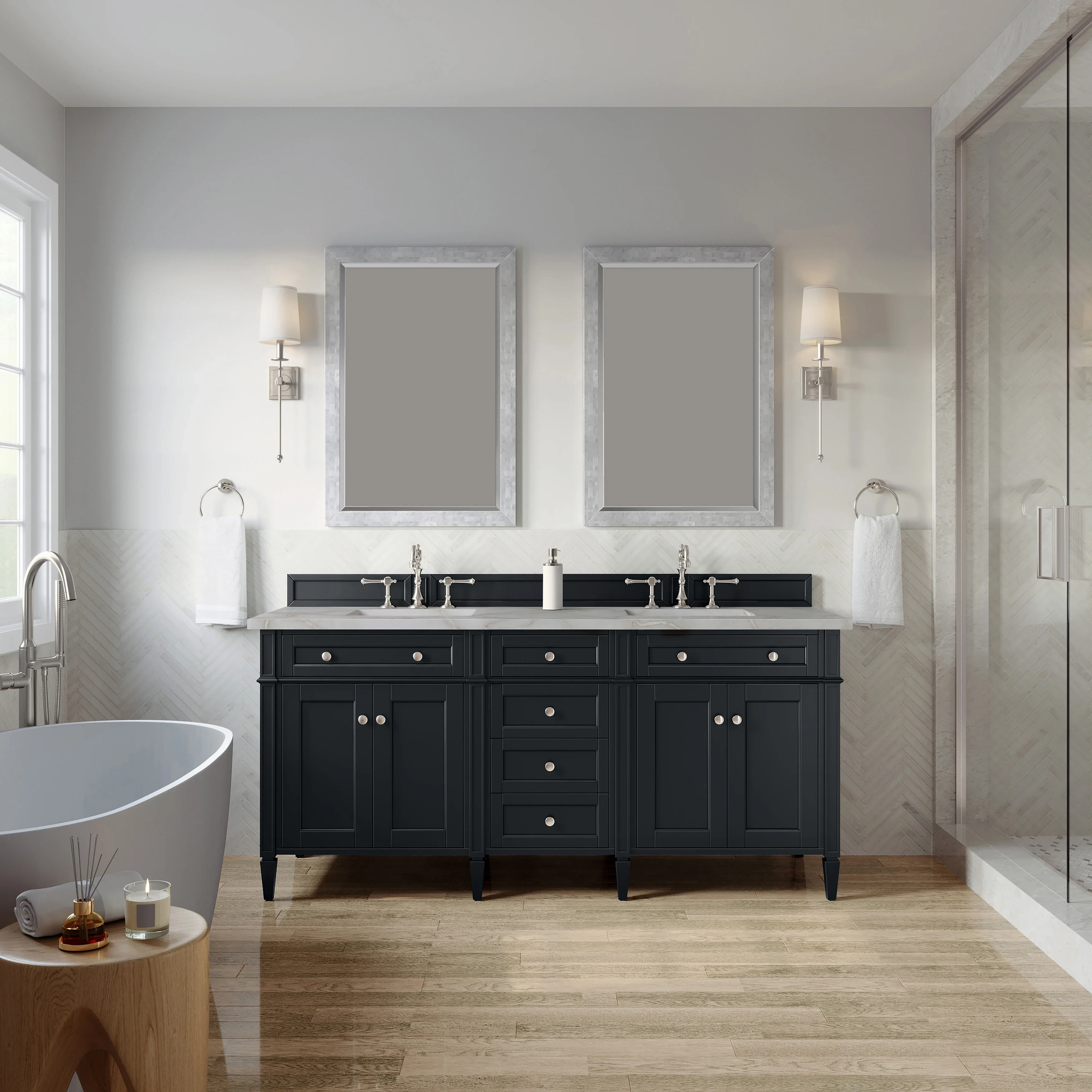 Brittany 72" Double Vanity, Black Onyx w/ 3 CM Victorian Silver Silestone Top