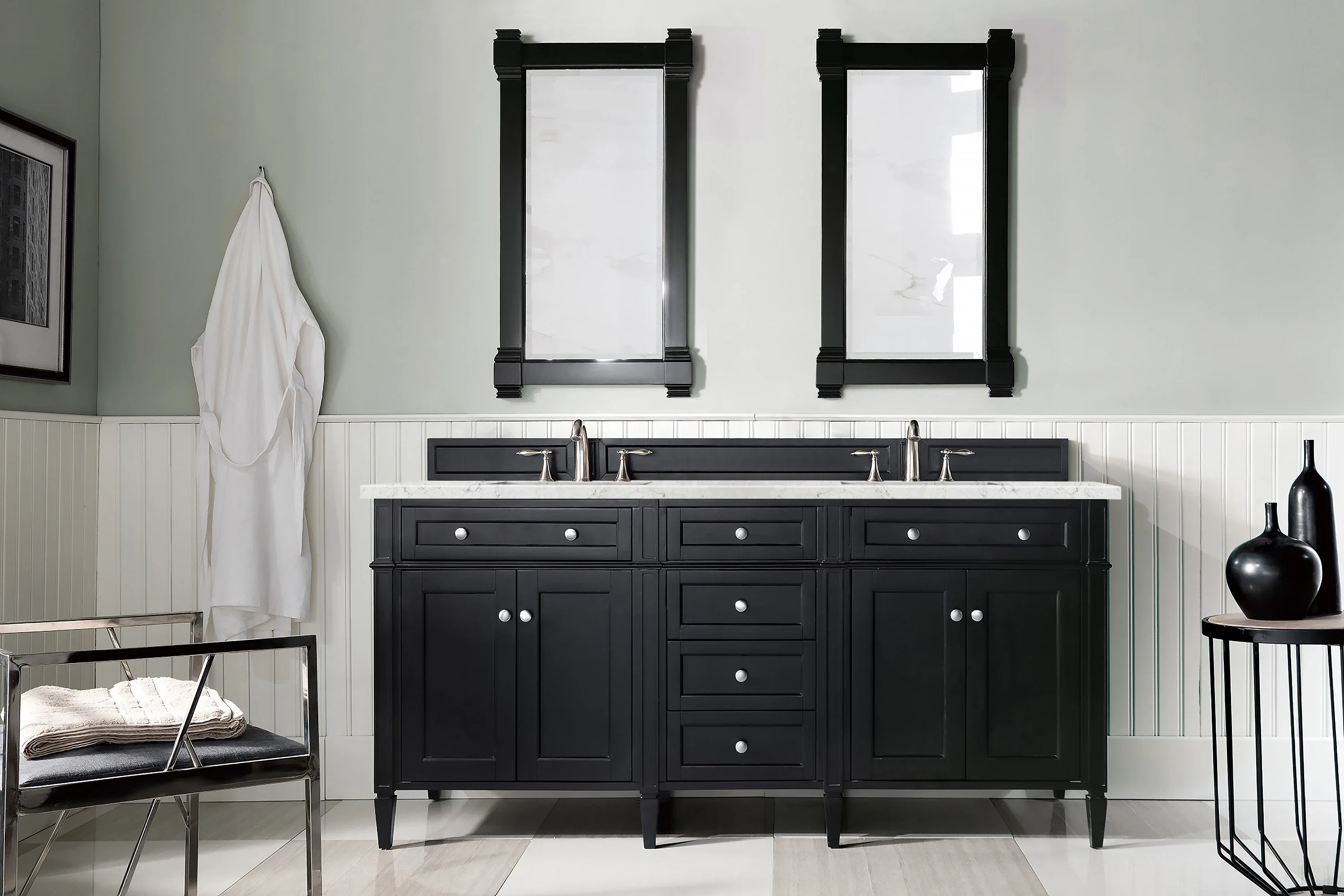 Brittany 72" Double Vanity, Black Onyx w/ 3 CM Eternal Jasmine Pearl Silestone Top w/FreePower Wireless Charger