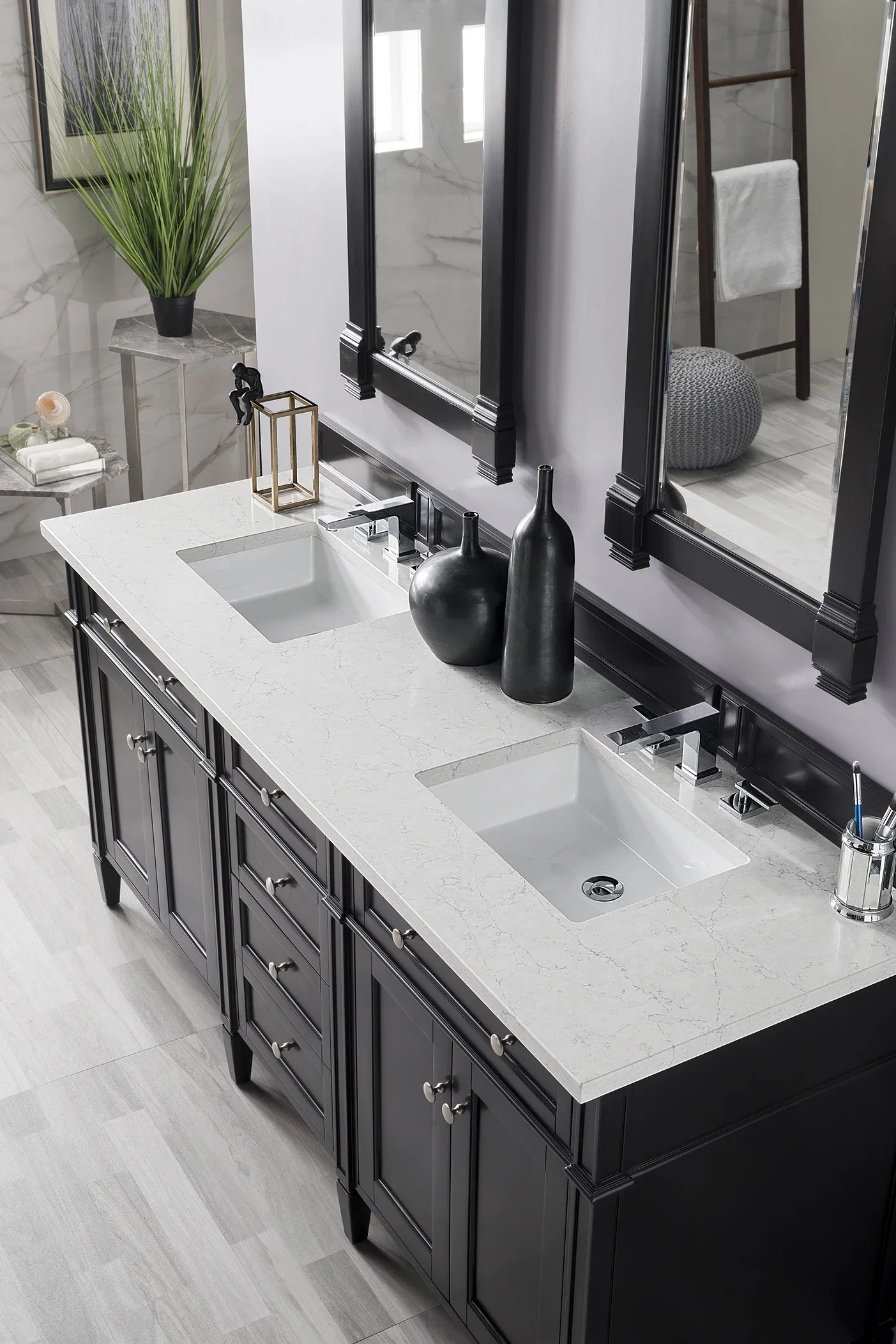 Brittany 72" Double Vanity, Black Onyx w/ 3 CM Eternal Jasmine Pearl Silestone Top w/FreePower Wireless Charger
