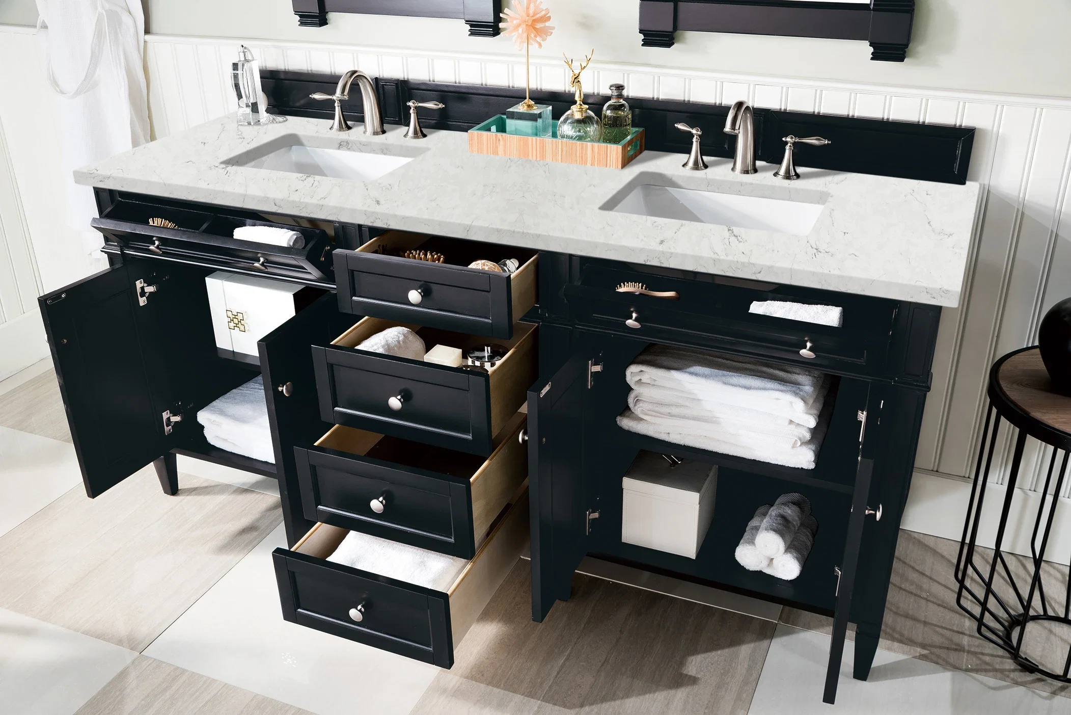 Brittany 72" Double Vanity, Black Onyx w/ 3 CM Eternal Jasmine Pearl Silestone Top w/FreePower Wireless Charger