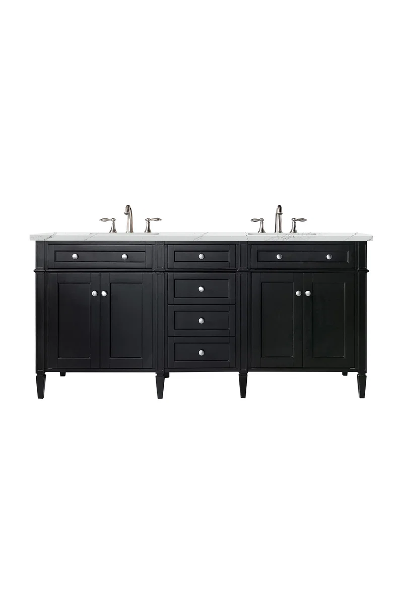 Brittany 72" Double Vanity, Black Onyx w/ 3 CM Ethereal Noctis Silestone Top w/FreePower Wireless Charger
