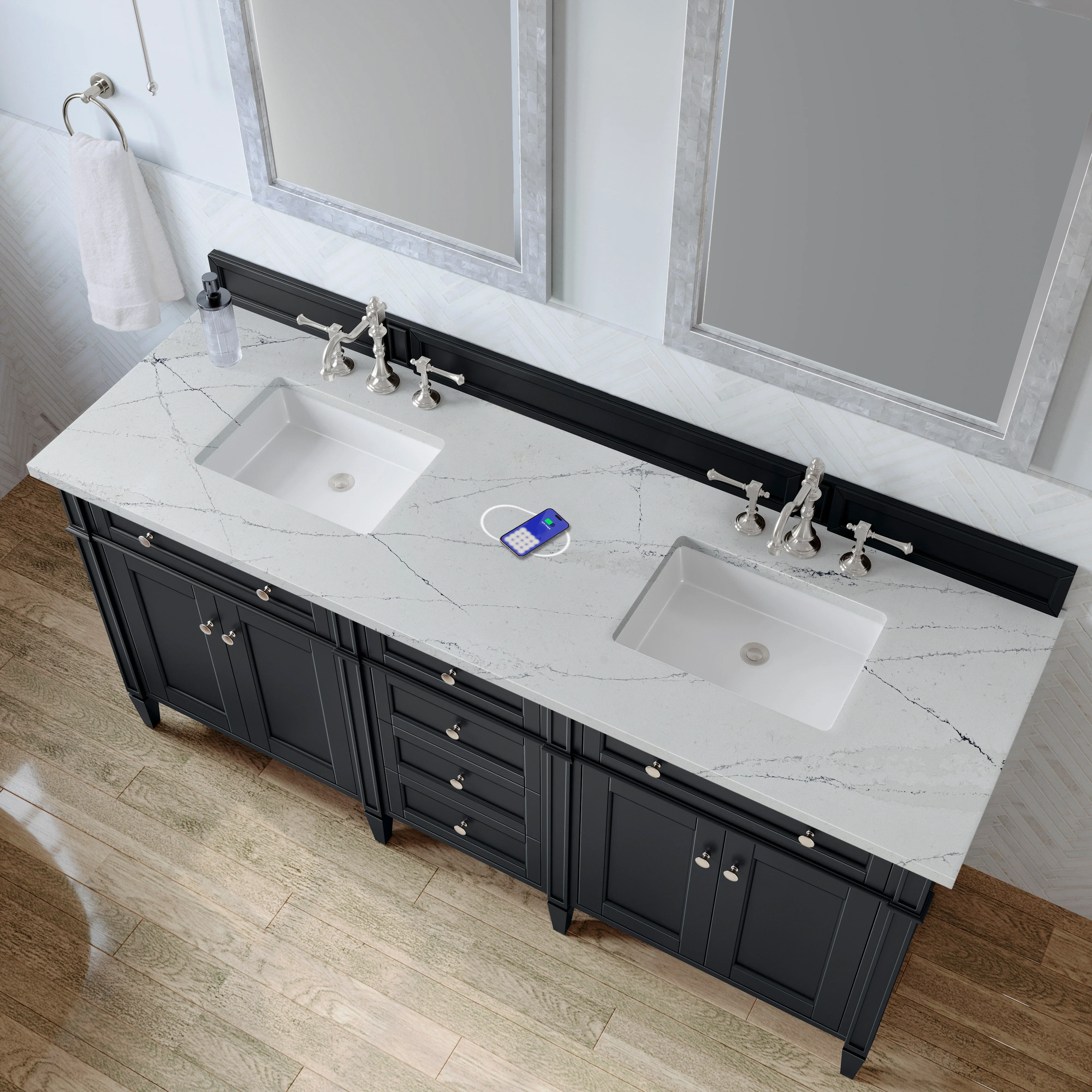 Brittany 72" Double Vanity, Black Onyx w/ 3 CM Ethereal Noctis Silestone Top w/FreePower Wireless Charger
