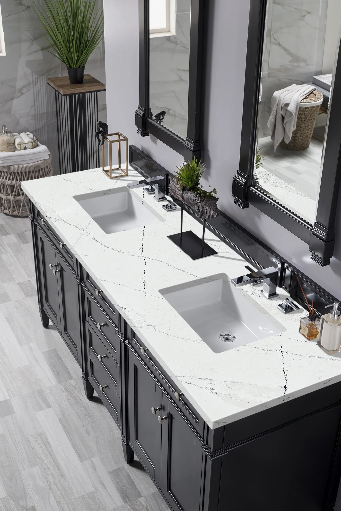 Brittany 72" Double Vanity, Black Onyx w/ 3 CM Ethereal Noctis Silestone Top w/FreePower Wireless Charger