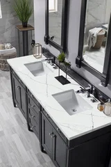 Brittany 72" Double Vanity, Black Onyx w/ 3 CM Ethereal Noctis Silestone Top w/FreePower Wireless Charger