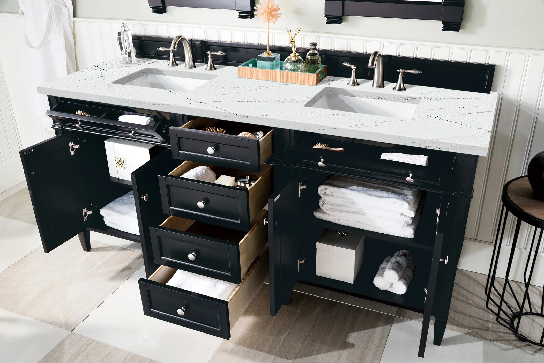 Brittany 72" Double Vanity, Black Onyx w/ 3 CM Ethereal Noctis Silestone Top w/FreePower Wireless Charger