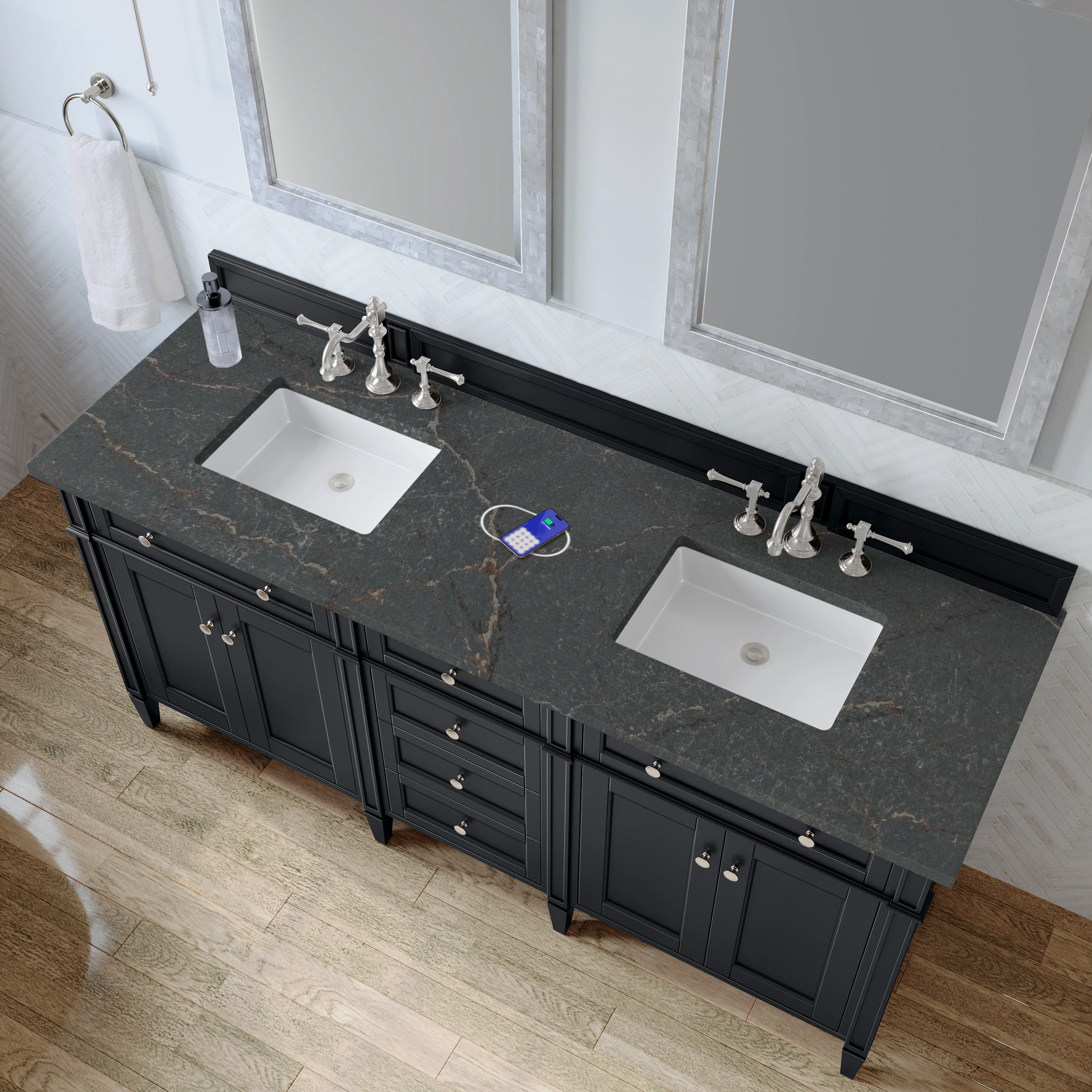 Brittany 72" Double Vanity, Black Onyx w/ 3 CM Parisien Bleu Silestone Top w/FreePower Wireless Charger