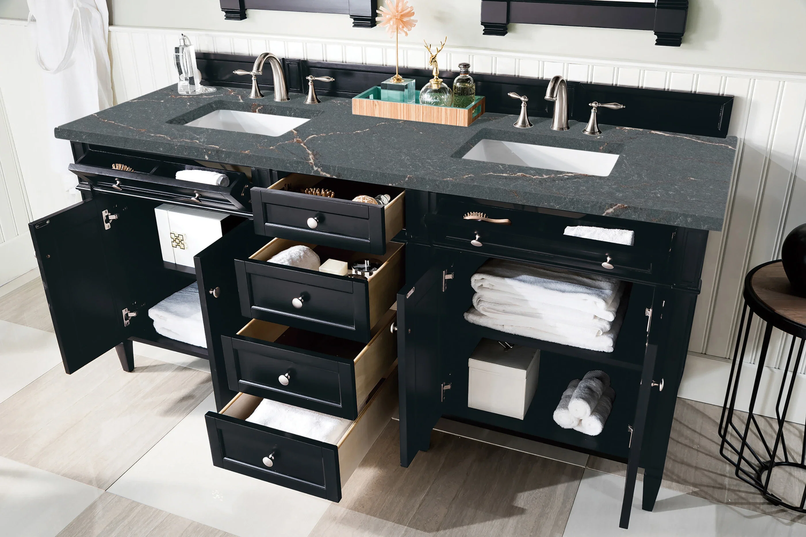 Brittany 72" Double Vanity, Black Onyx w/ 3 CM Parisien Bleu Silestone Top w/FreePower Wireless Charger