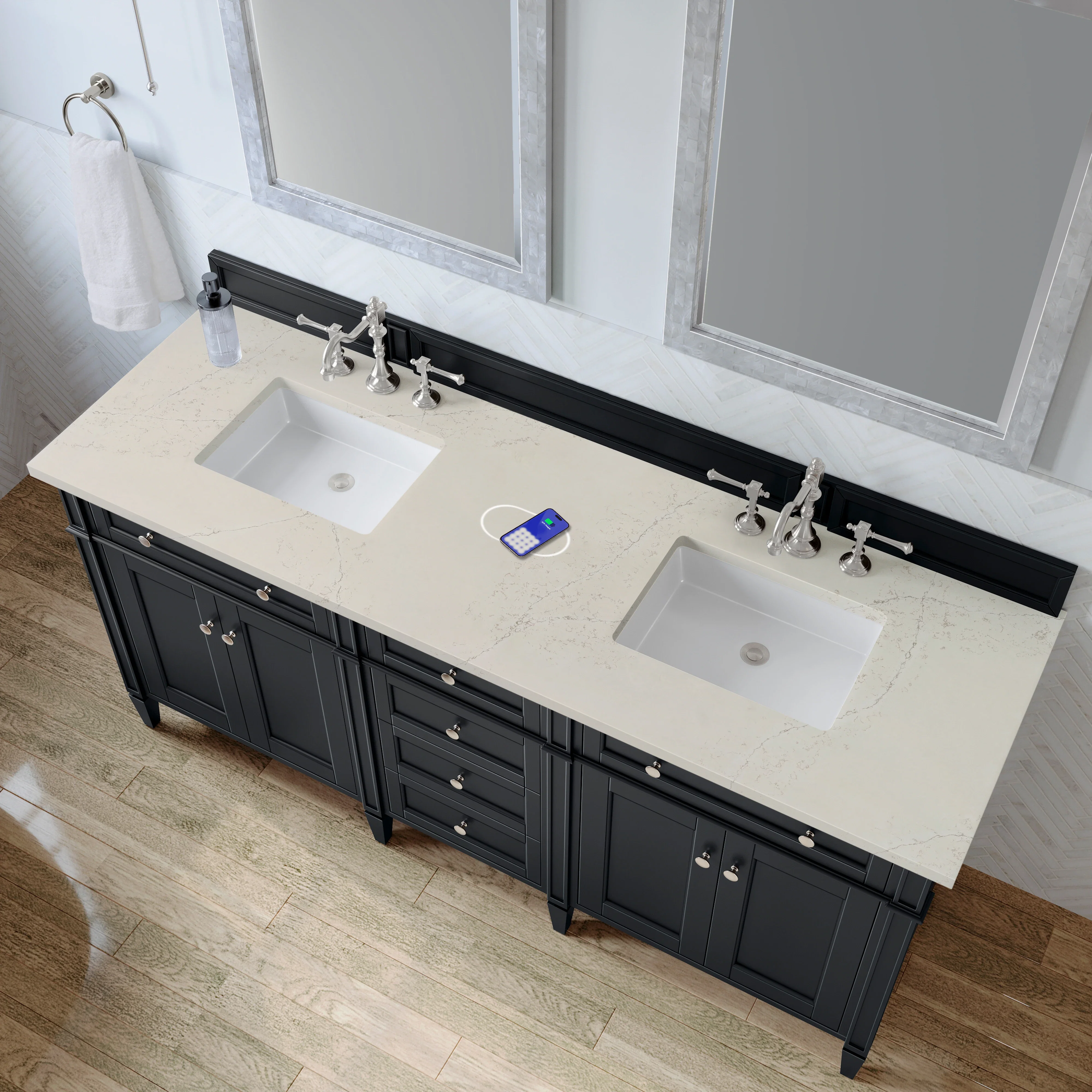 Brittany 72" Double Vanity, Black Onyx, w/ 3 CM Siberian Silestone Top w/FreePower Wireless Charger