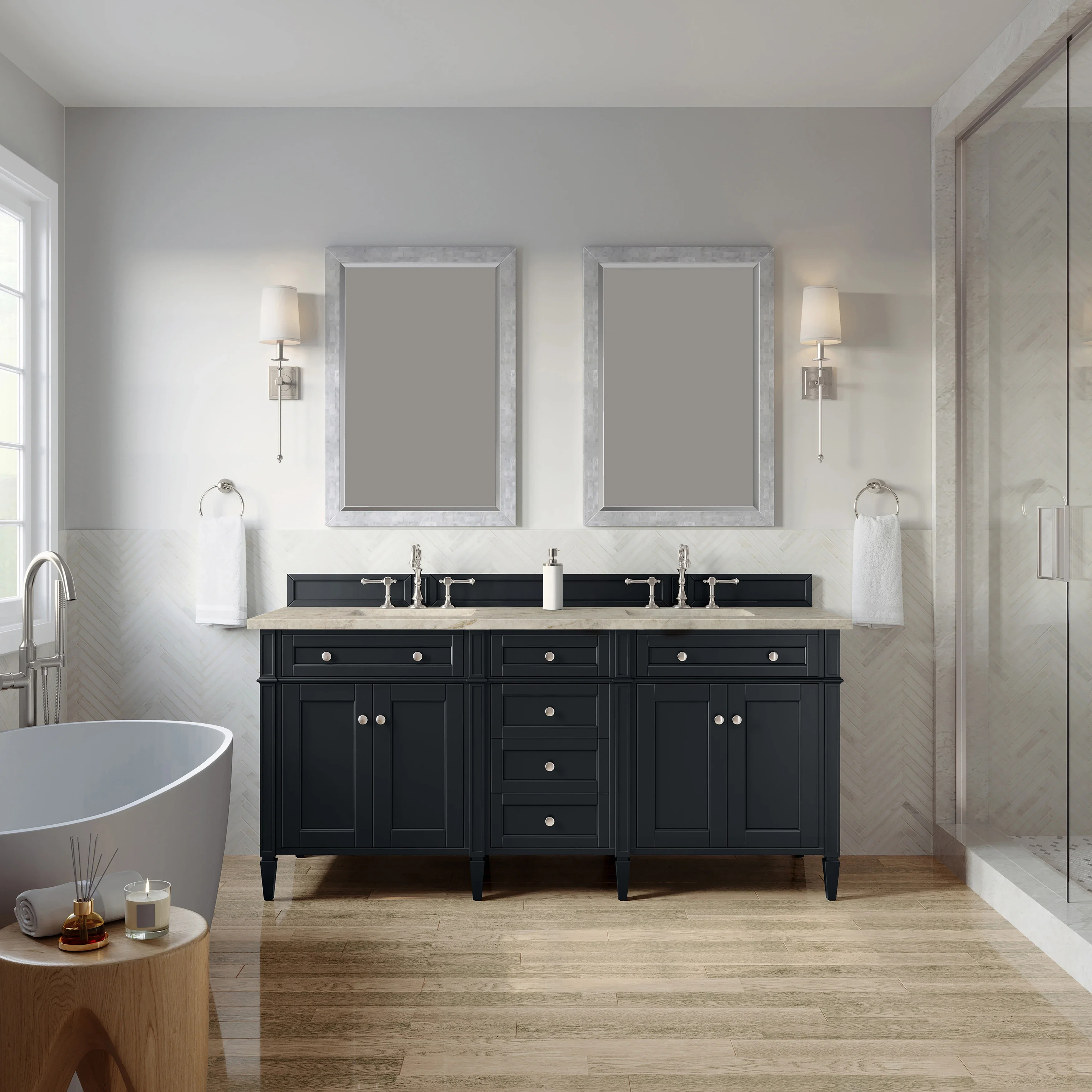 Brittany 72" Double Vanity, Black Onyx, w/ 3 CM Tajnar Eclos Top w/FreePower Wireless Charger