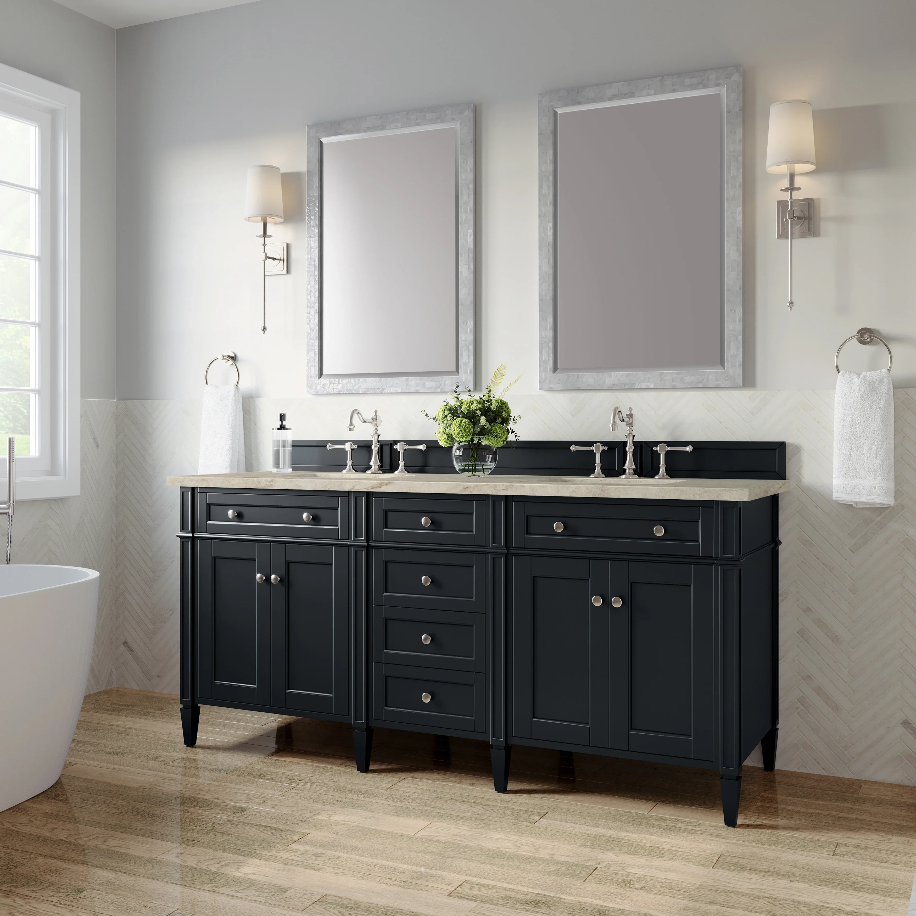 Brittany 72" Double Vanity, Black Onyx, w/ 3 CM Tajnar Eclos Top w/FreePower Wireless Charger