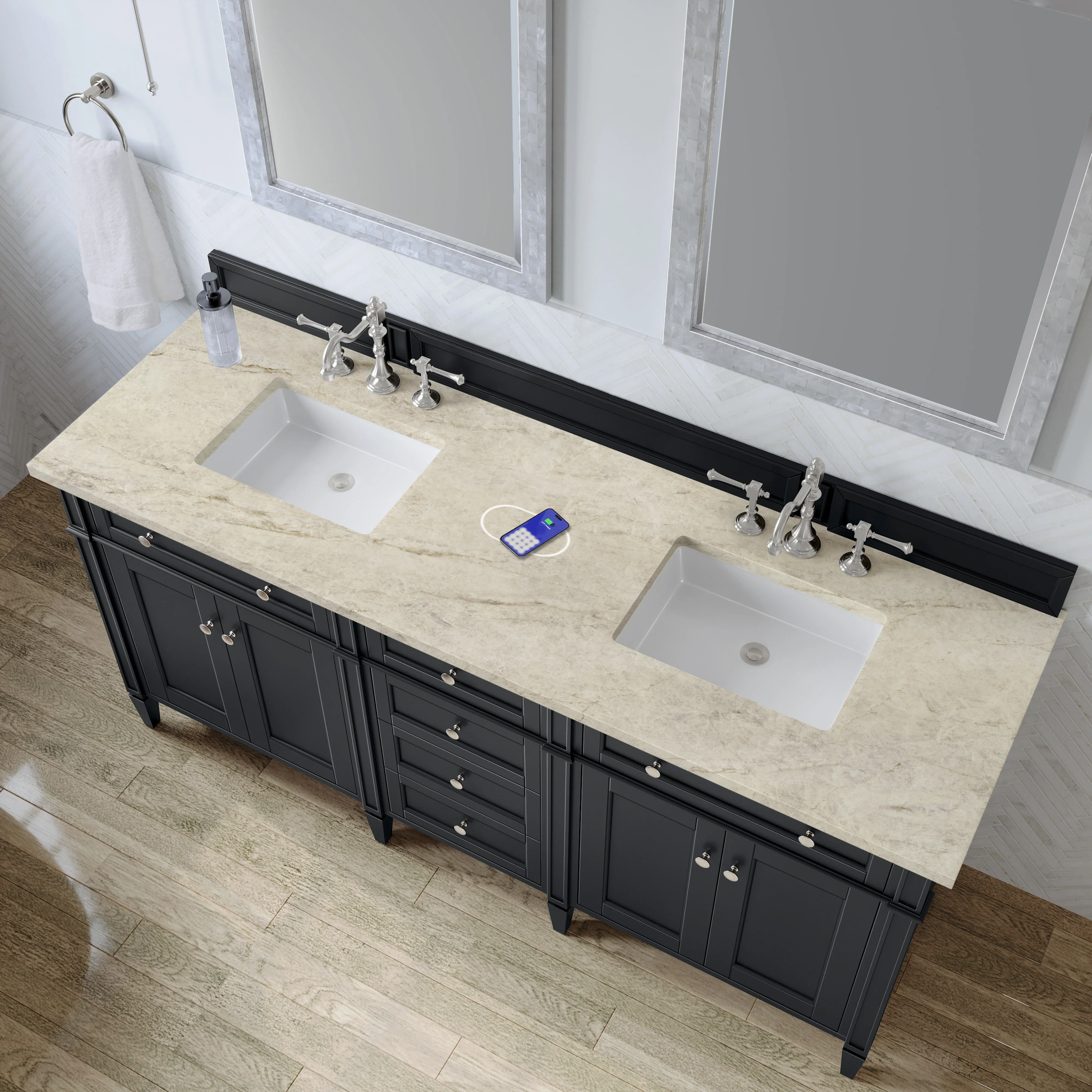 Brittany 72" Double Vanity, Black Onyx, w/ 3 CM Tajnar Eclos Top w/FreePower Wireless Charger
