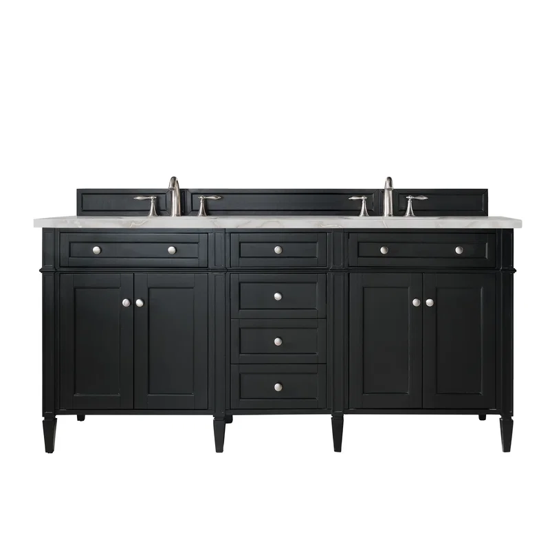 Brittany 72" Double Vanity, Black Onyx w/ 3 CM Victorian Silver Silestone Top w/FreePower Wireless Charger