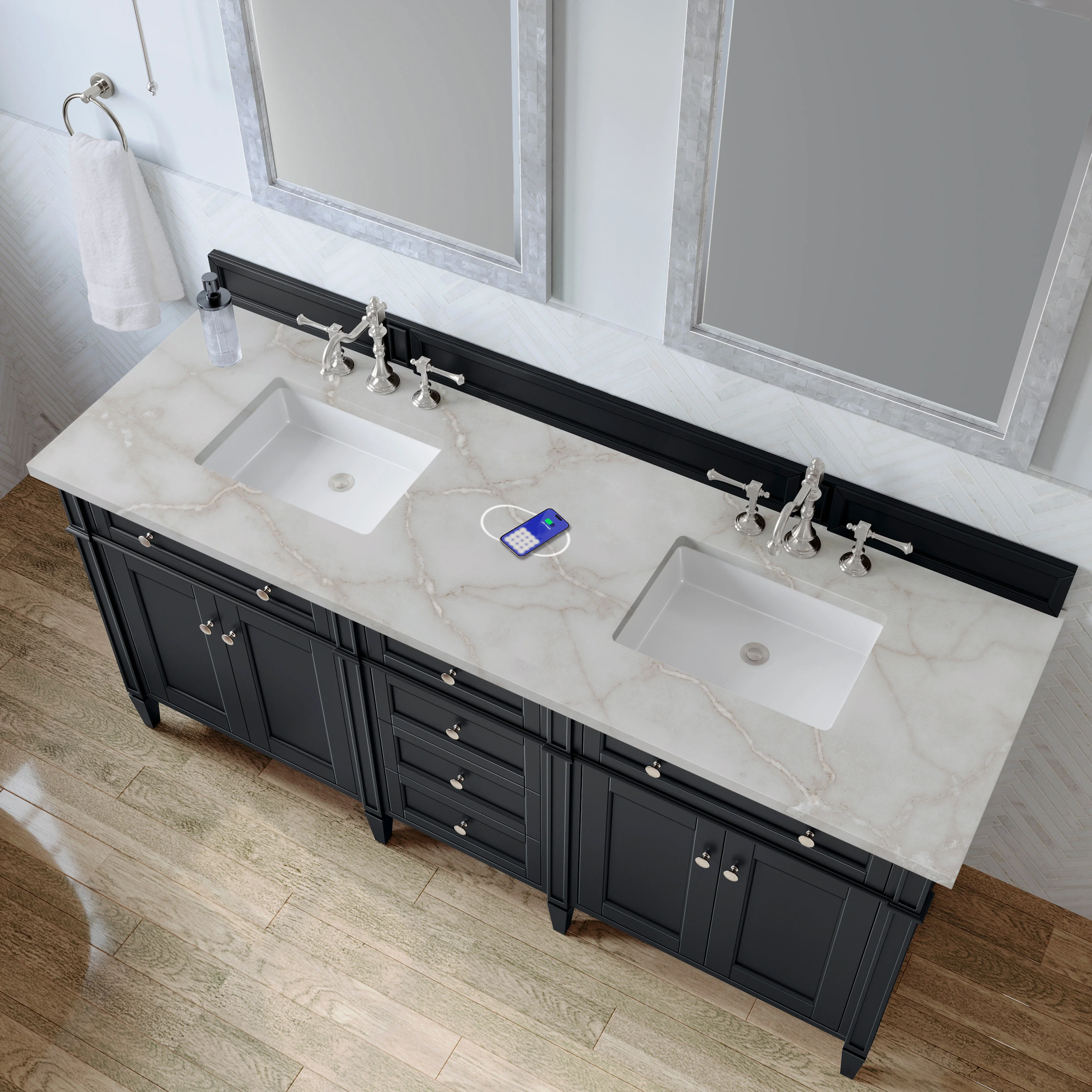 Brittany 72" Double Vanity, Black Onyx w/ 3 CM Victorian Silver Silestone Top w/FreePower Wireless Charger
