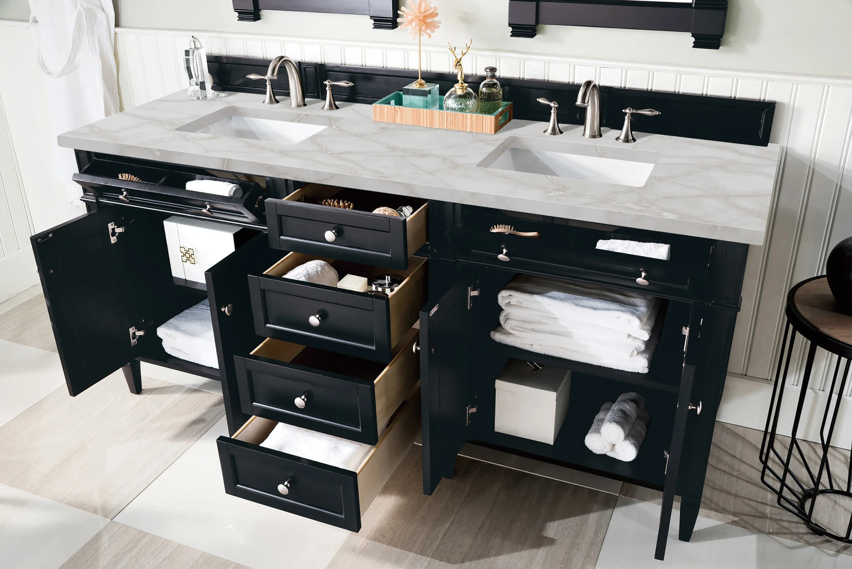 Brittany 72" Double Vanity, Black Onyx w/ 3 CM Victorian Silver Silestone Top w/FreePower Wireless Charger