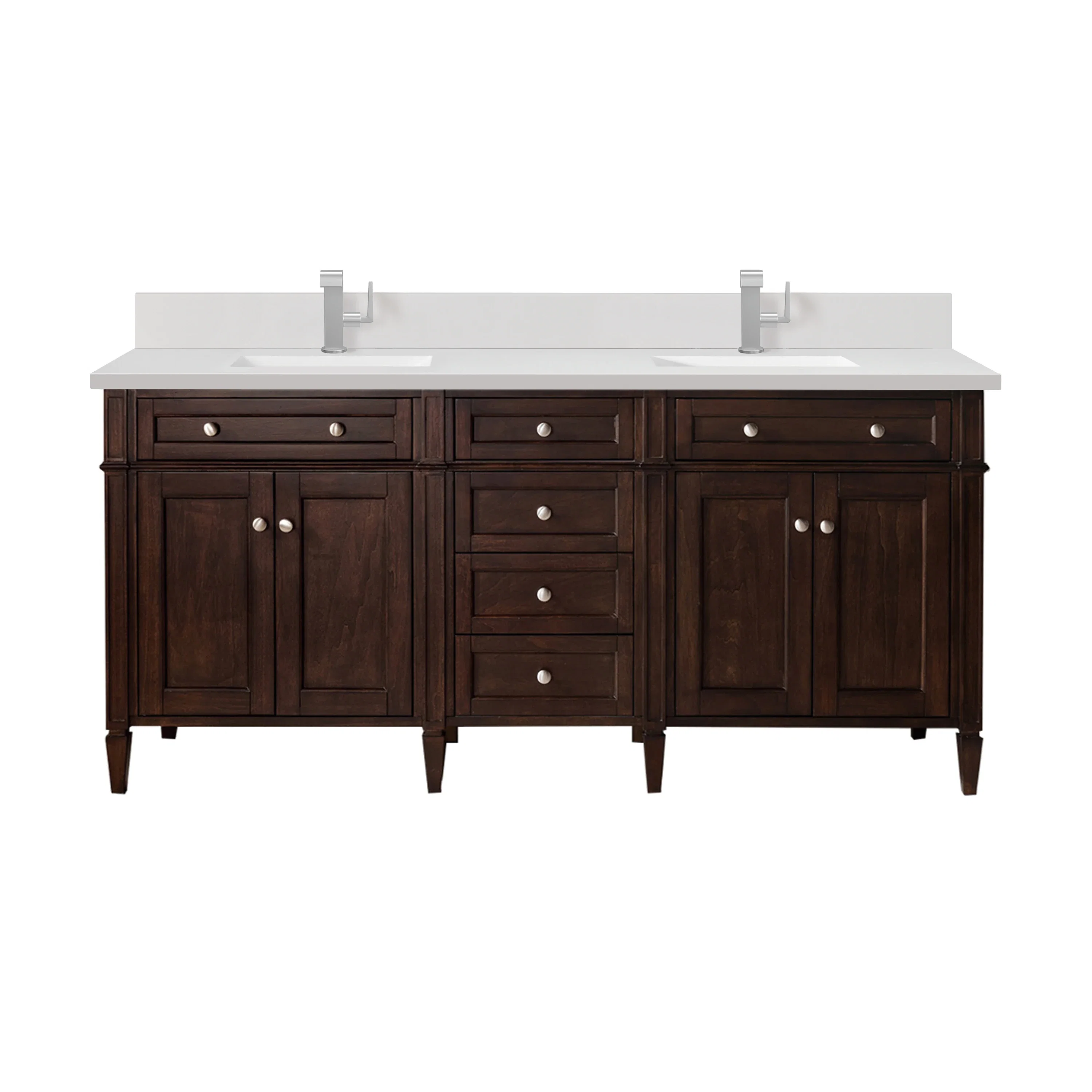 Brittany 72" Double Vanity, Burnished Mahogany w/ Single Hole 3 CM White Zeus Silestone Top & Backsplash