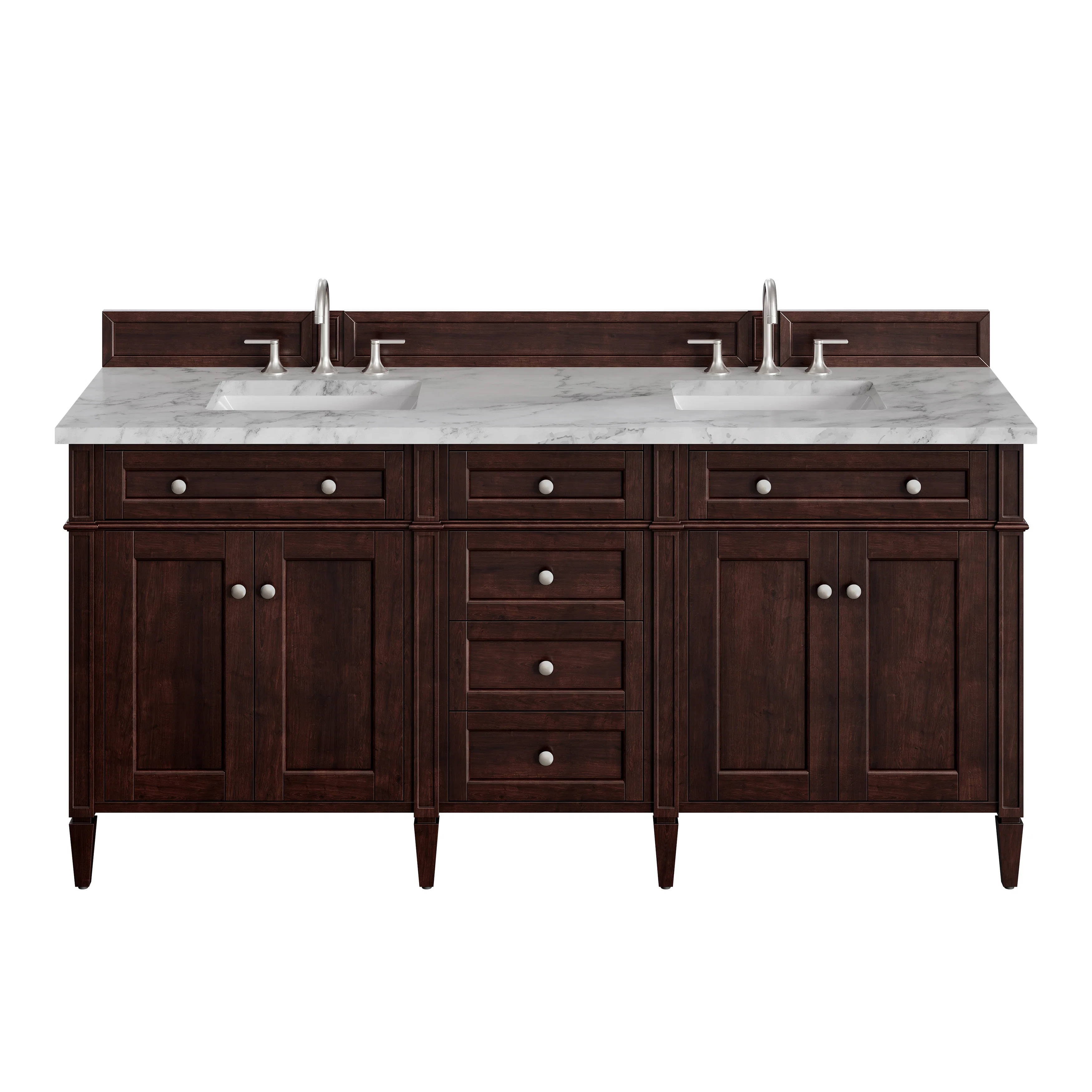 Brittany 72" Double Vanity, Burnished Mahogany w/ 3 CM Carrara Marble Top