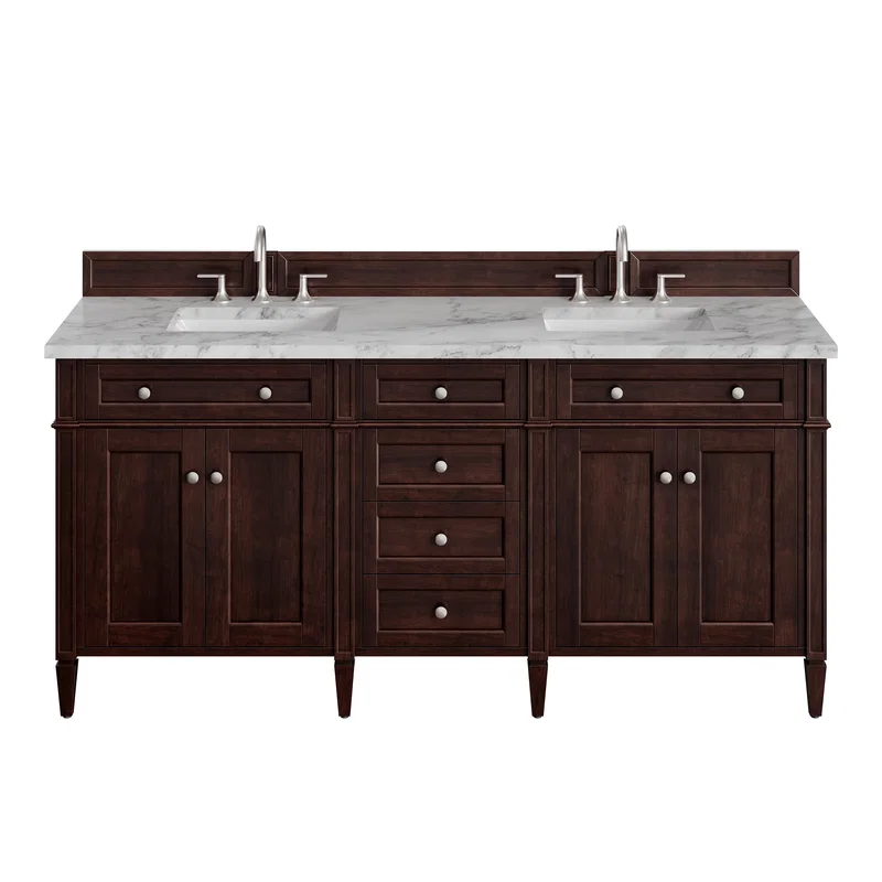 Brittany 72" Double Vanity, Burnished Mahogany w/ 3 CM Carrara Marble Top