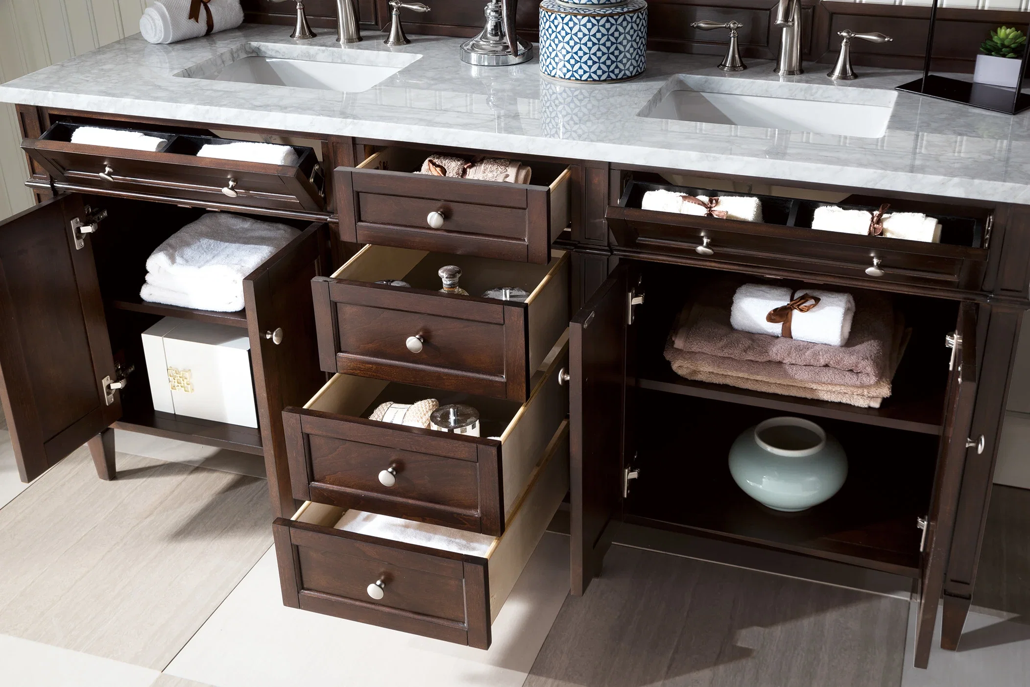 Brittany 72" Double Vanity, Burnished Mahogany w/ 3 CM Carrara Marble Top