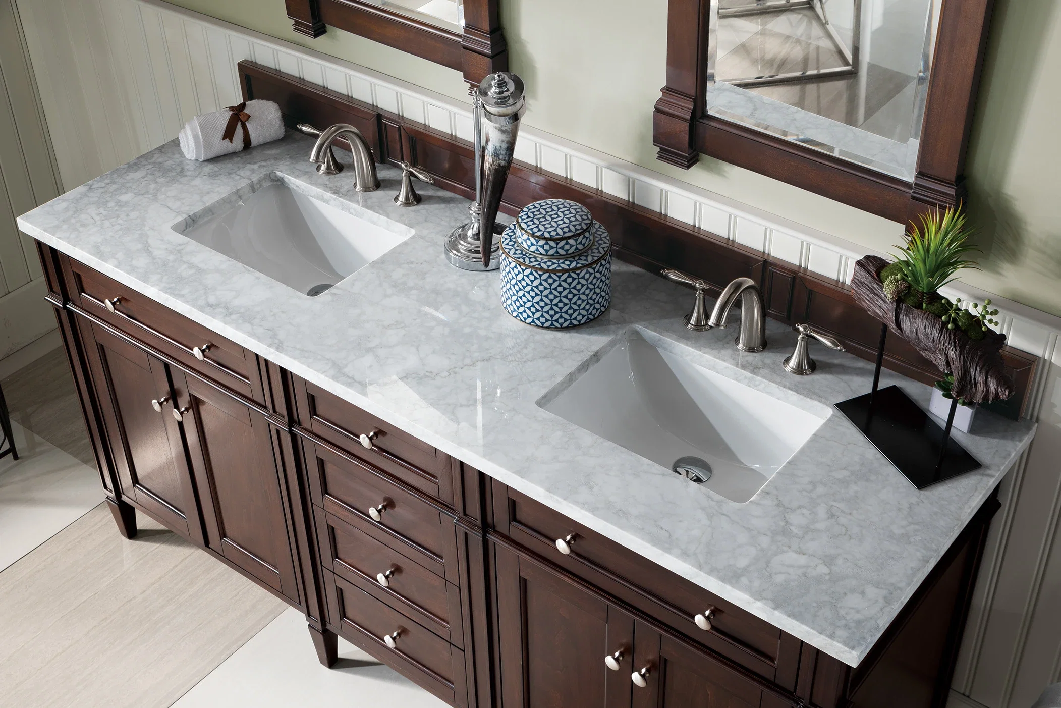Brittany 72" Double Vanity, Burnished Mahogany w/ 3 CM Carrara Marble Top