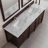 Brittany 72" Double Vanity, Burnished Mahogany w/ 3 CM Carrara Marble Top