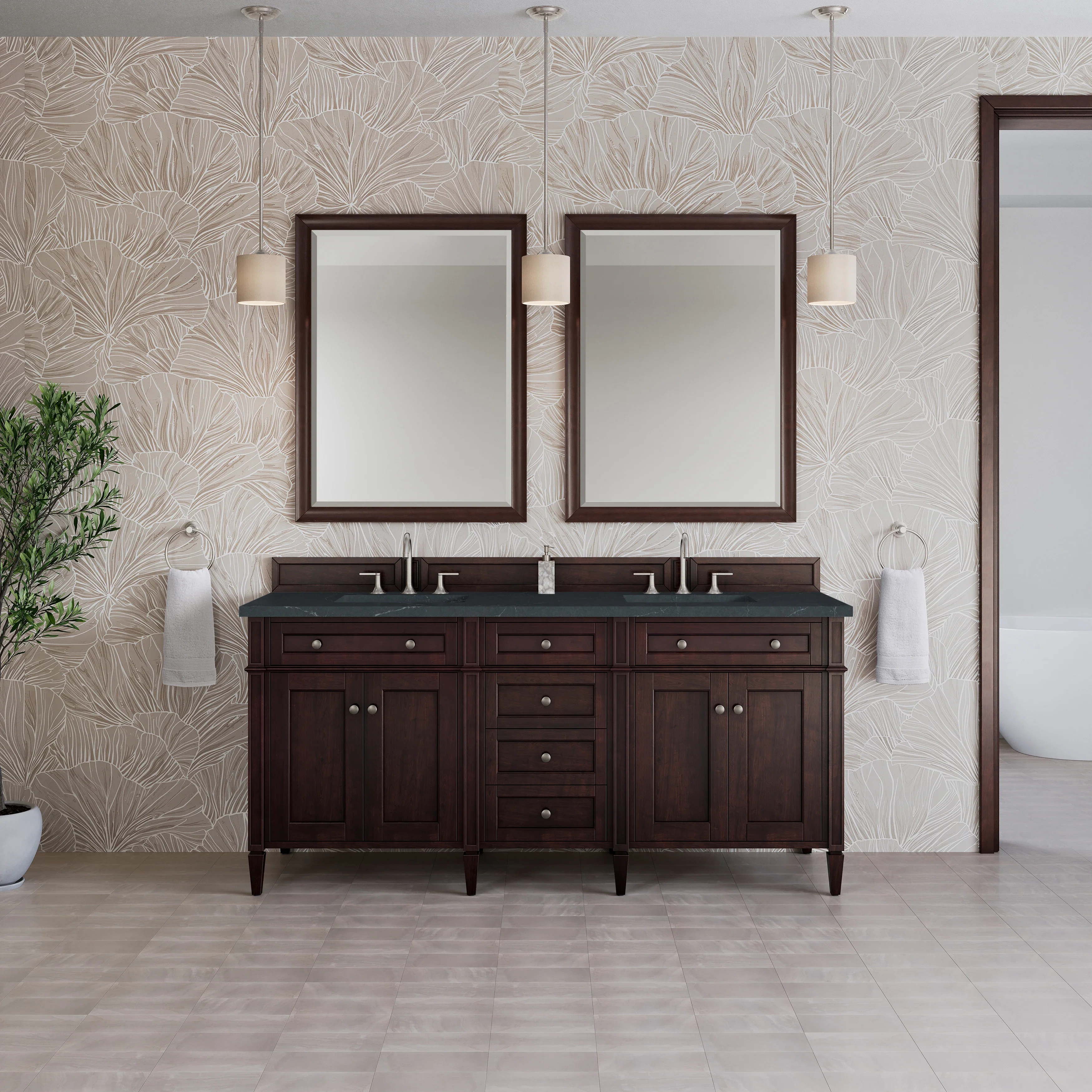 Brittany 72" Double Vanity, Burnished Mahogany w/ 3 CM Charcoal Soapstone Silestone Top