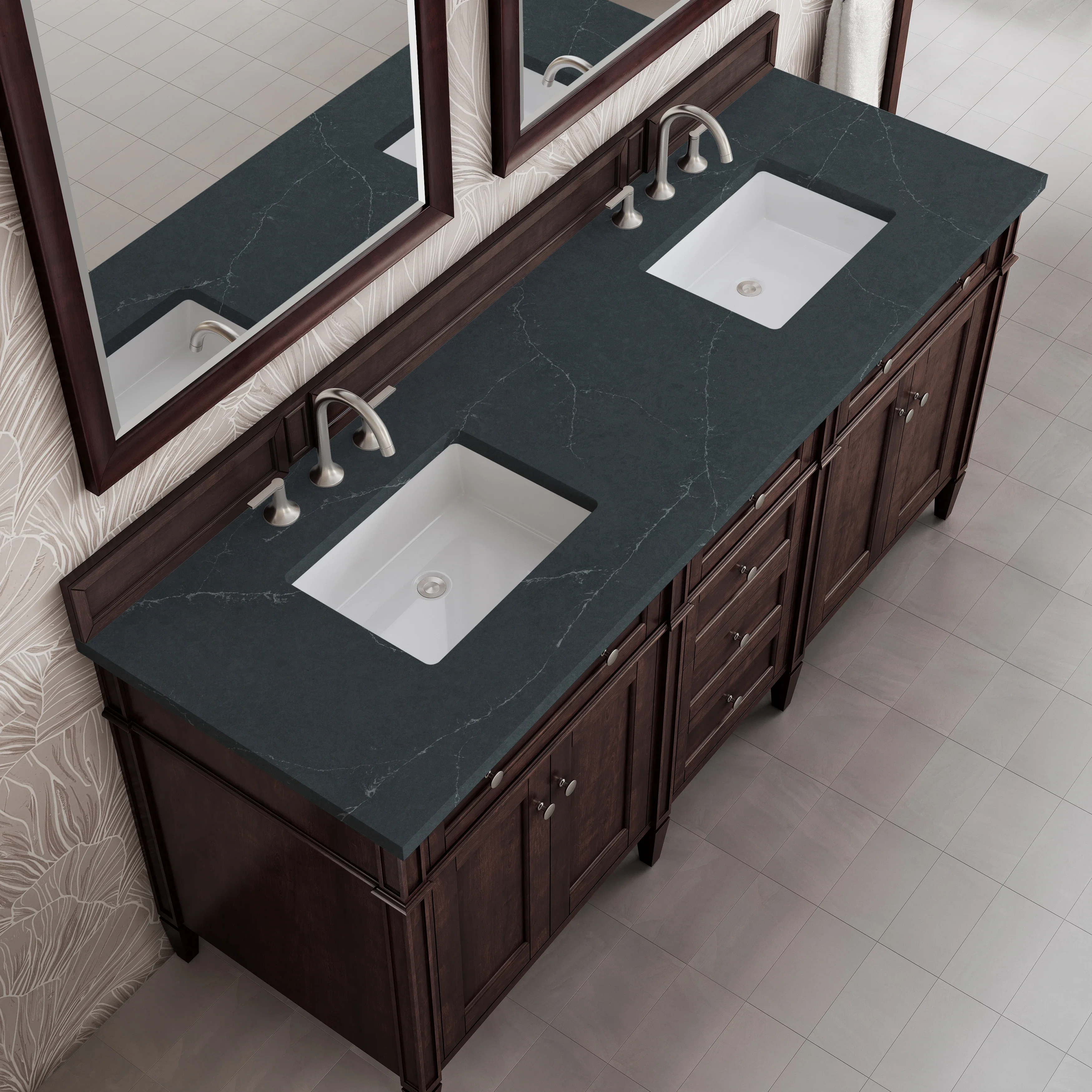 Brittany 72" Double Vanity, Burnished Mahogany w/ 3 CM Charcoal Soapstone Silestone Top