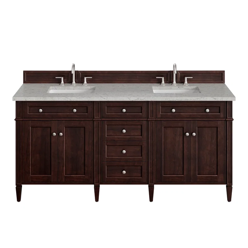 Brittany 72" Double Vanity, Burnished Mahogany w/ 3 CM Eternal Jasmine Pearl Silestone Top