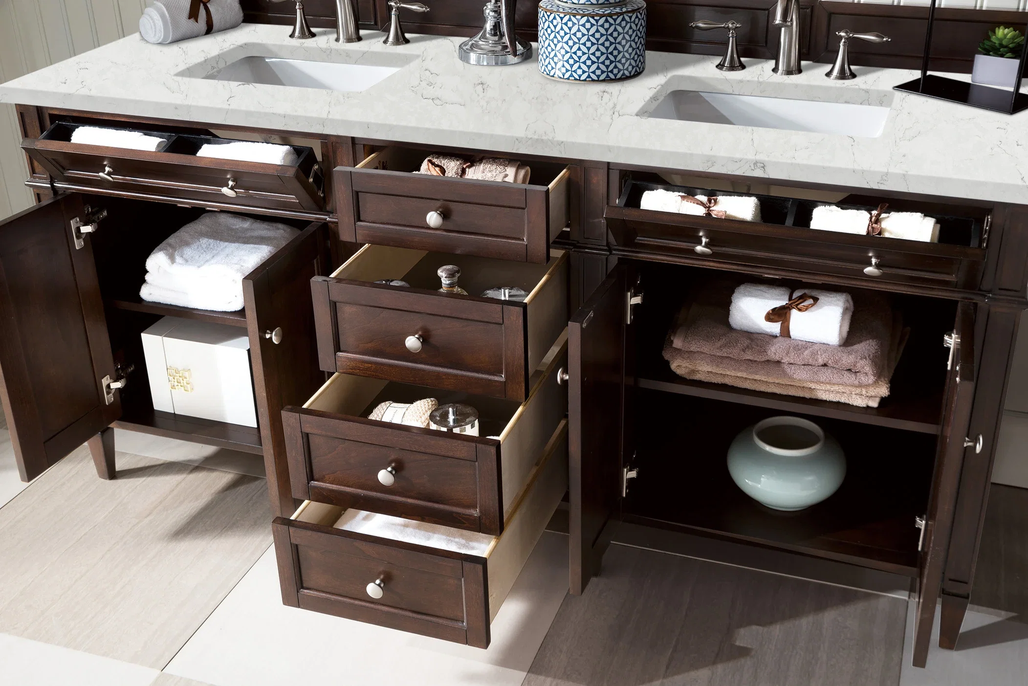 Brittany 72" Double Vanity, Burnished Mahogany w/ 3 CM Eternal Jasmine Pearl Silestone Top