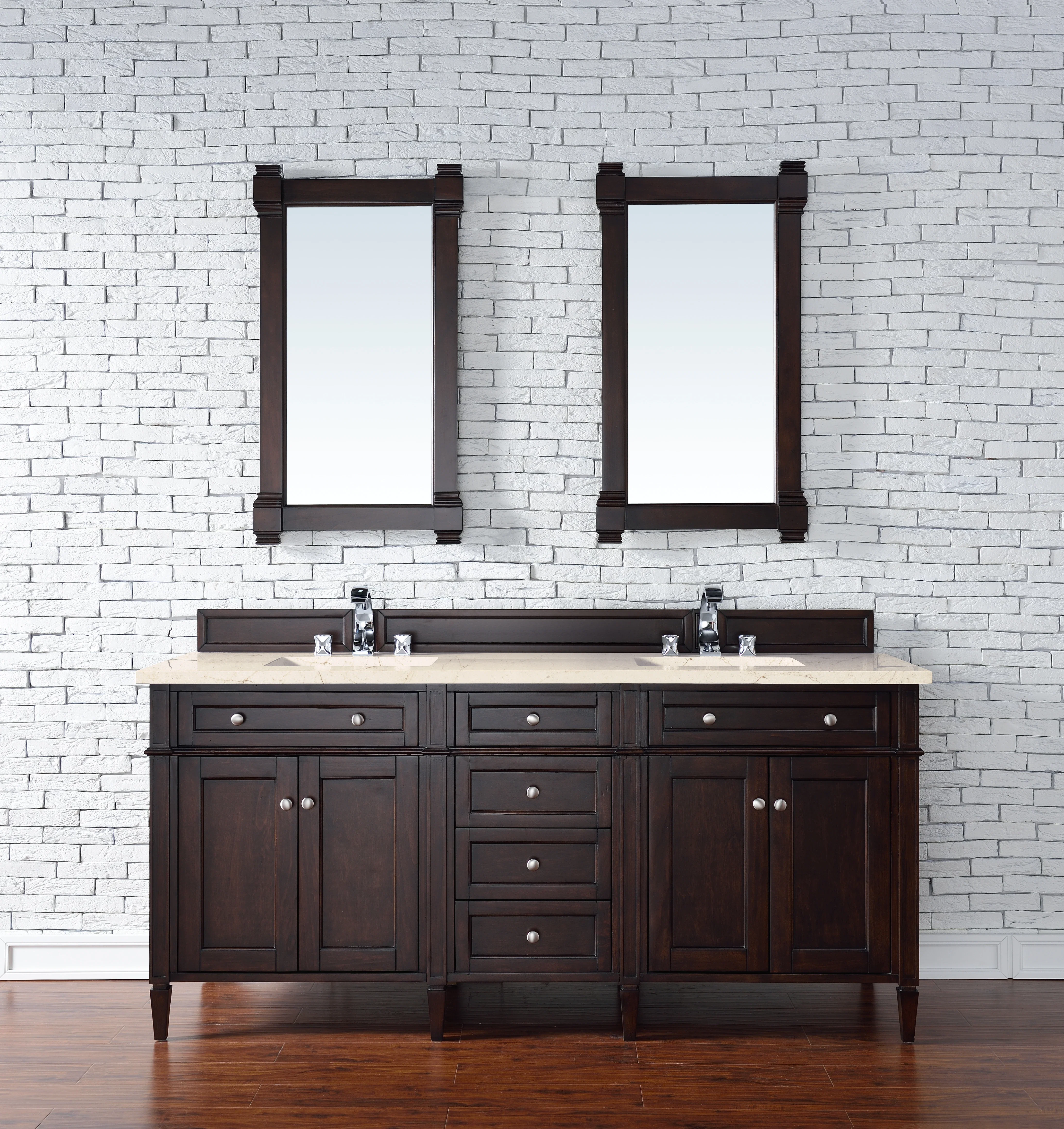 Brittany 72" Double Vanity, Burnished Mahogany w/ 3 CM Eternal Marfil Silestone Top