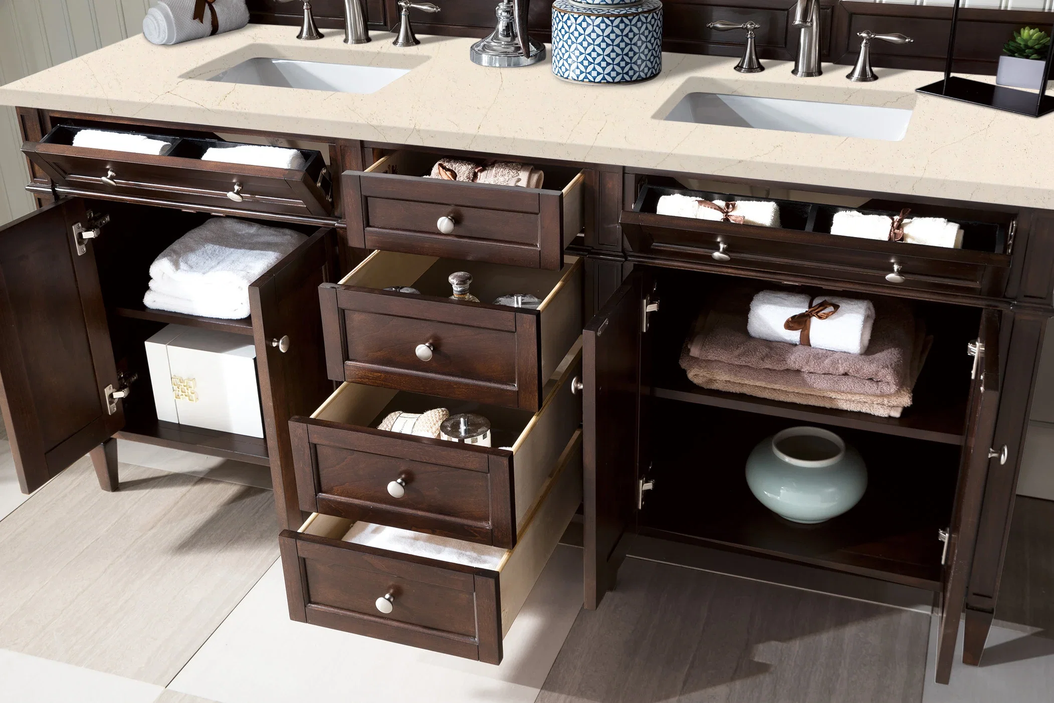 Brittany 72" Double Vanity, Burnished Mahogany w/ 3 CM Eternal Marfil Silestone Top