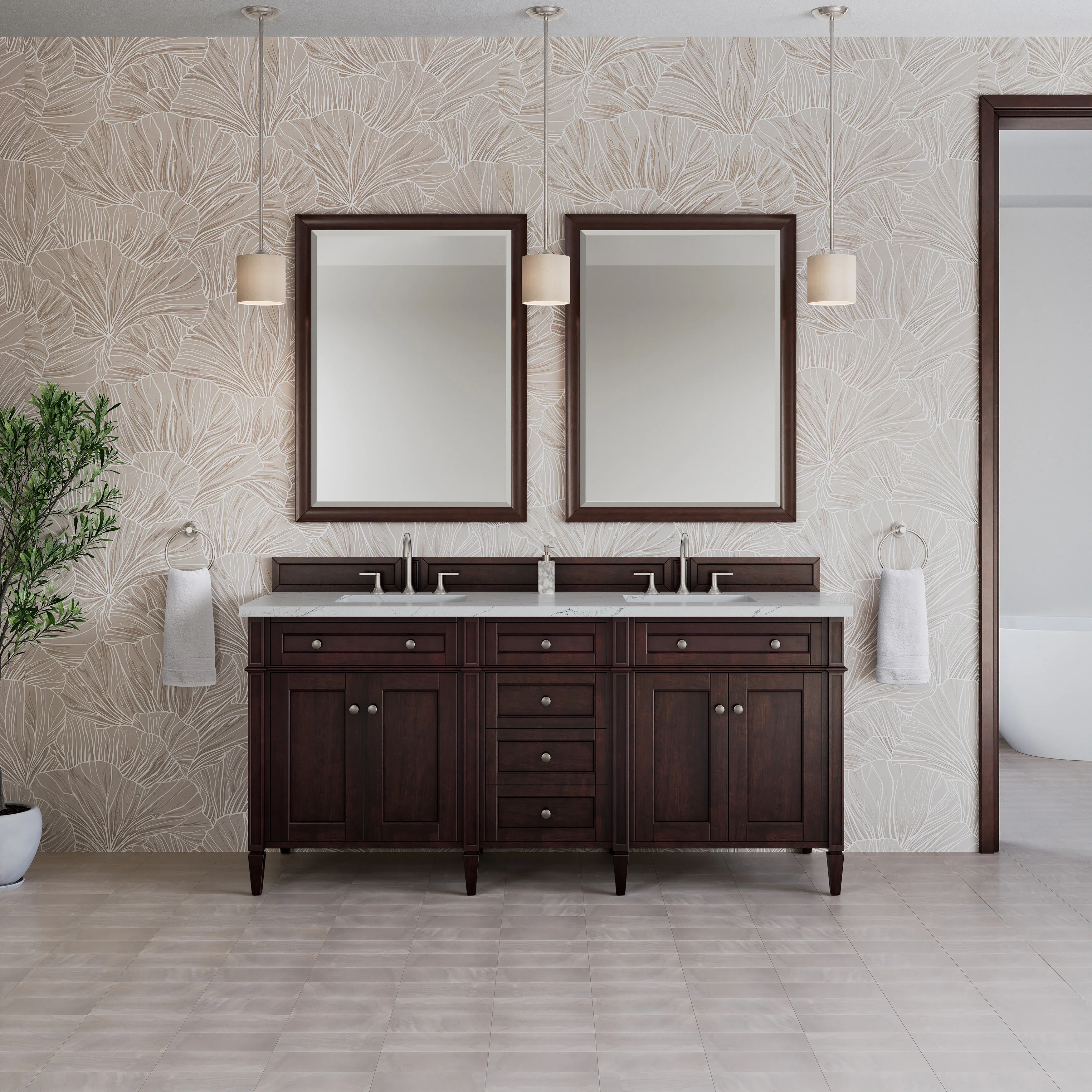 Brittany 72" Double Vanity, Burnished Mahogany w/ 3 CM Ethereal Noctis Silestone Top