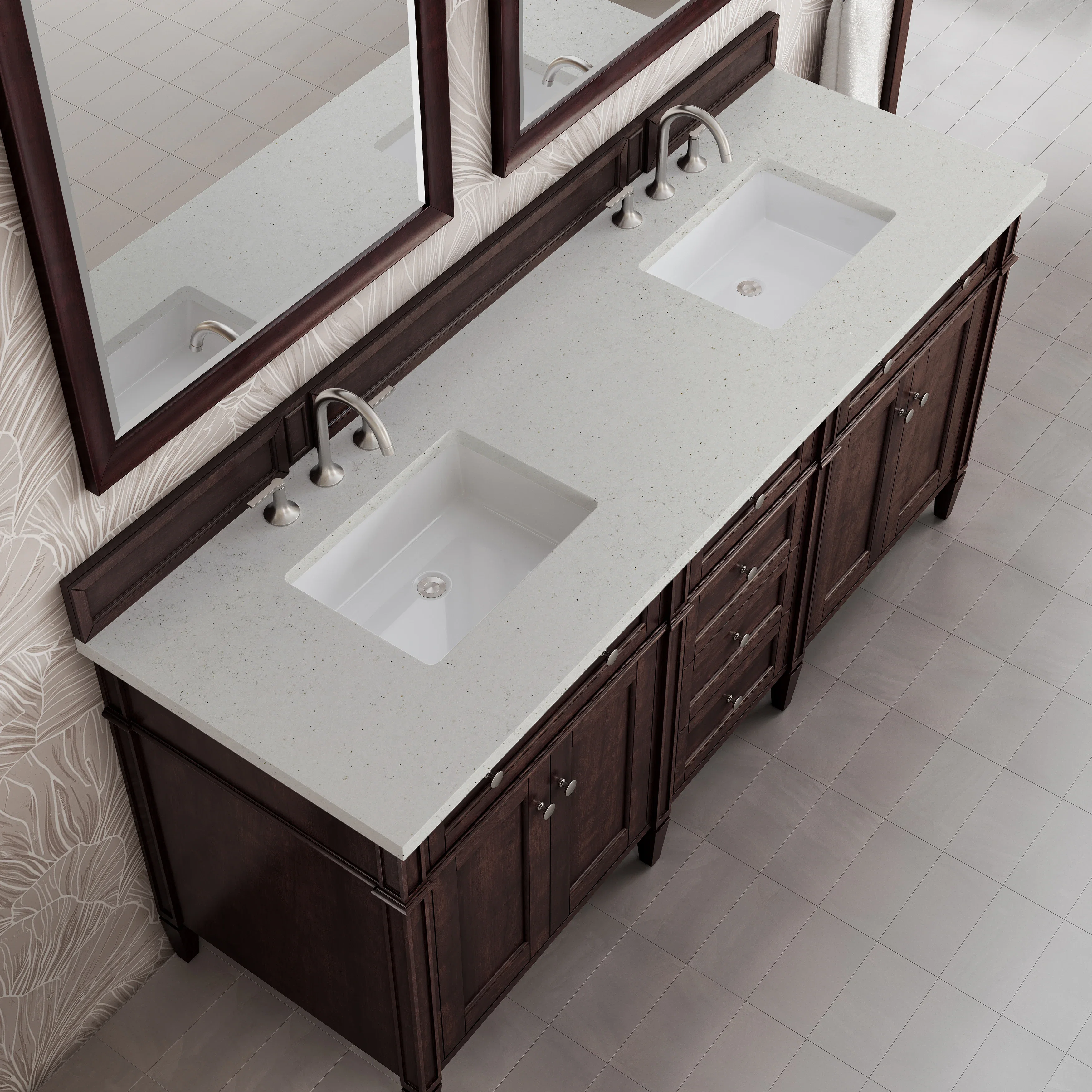 Brittany 72" Double Vanity, Burnished Mahogany w/ 3 CM Lime Delight Silestone Top