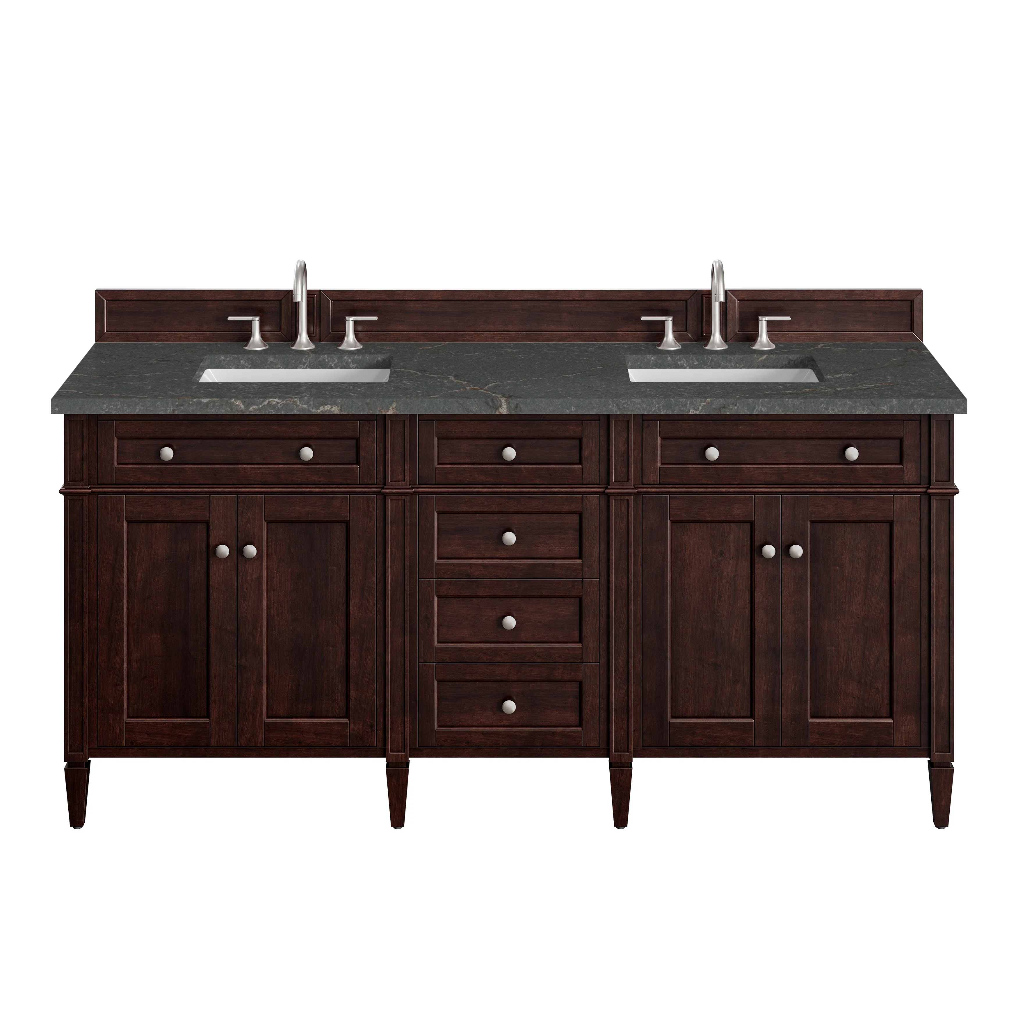 Brittany 72" Double Vanity, Burnished Mahogany w/ 3 CM Parisien Bleu Silestone Top