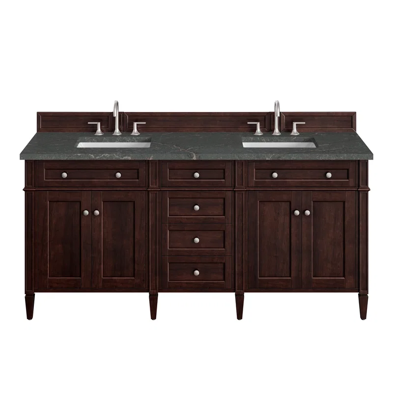 Brittany 72" Double Vanity, Burnished Mahogany w/ 3 CM Parisien Bleu Silestone Top