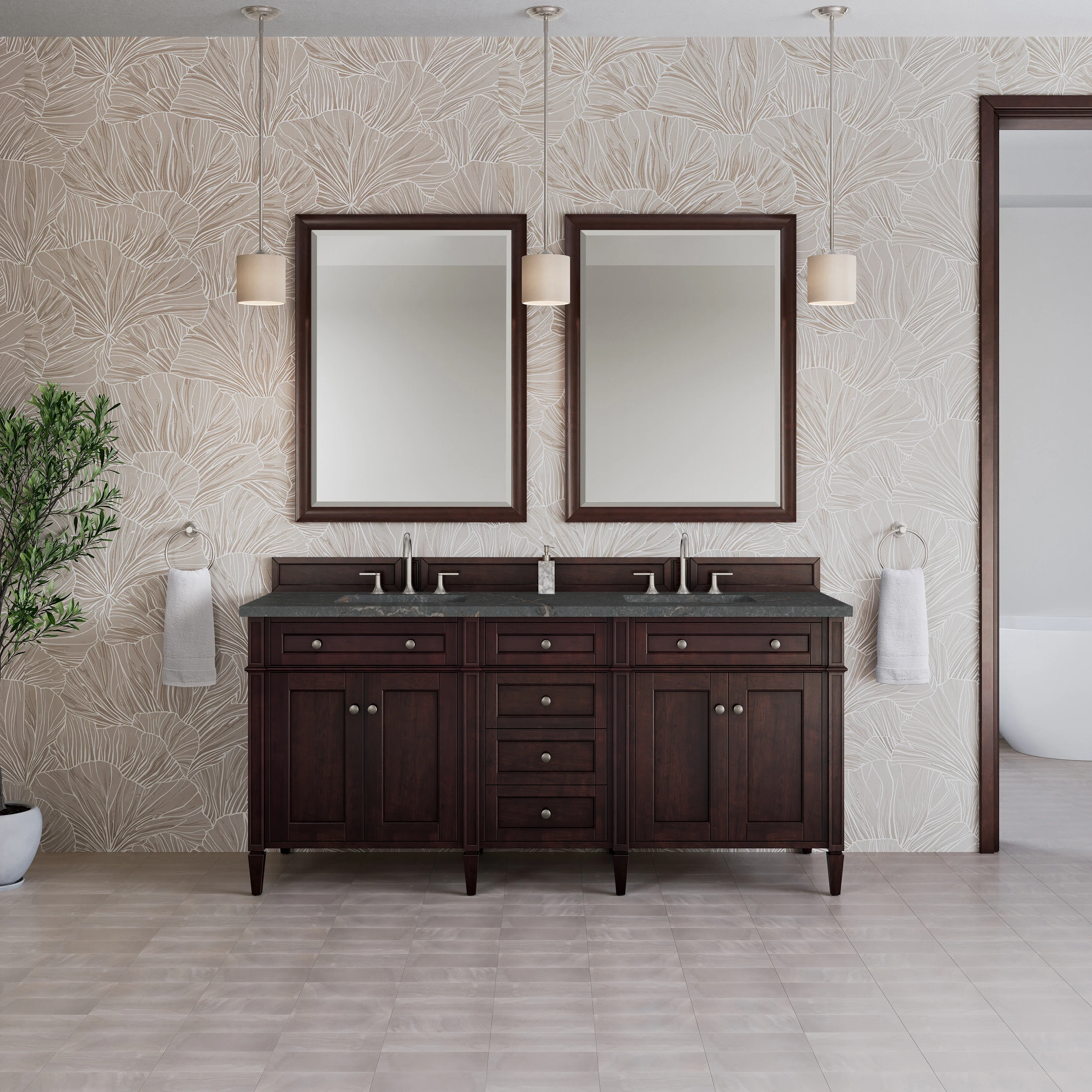 Brittany 72" Double Vanity, Burnished Mahogany w/ 3 CM Parisien Bleu Silestone Top