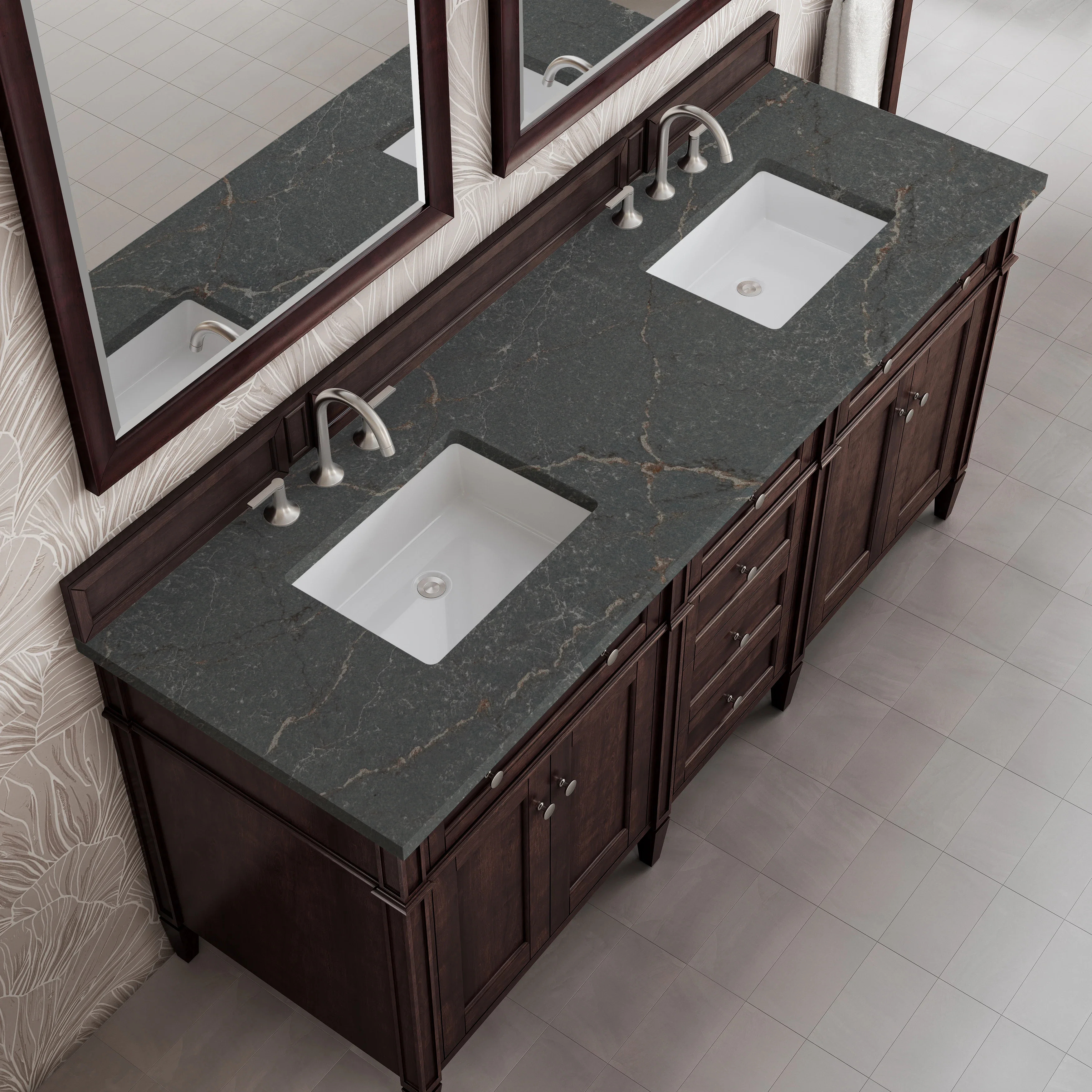 Brittany 72" Double Vanity, Burnished Mahogany w/ 3 CM Parisien Bleu Silestone Top