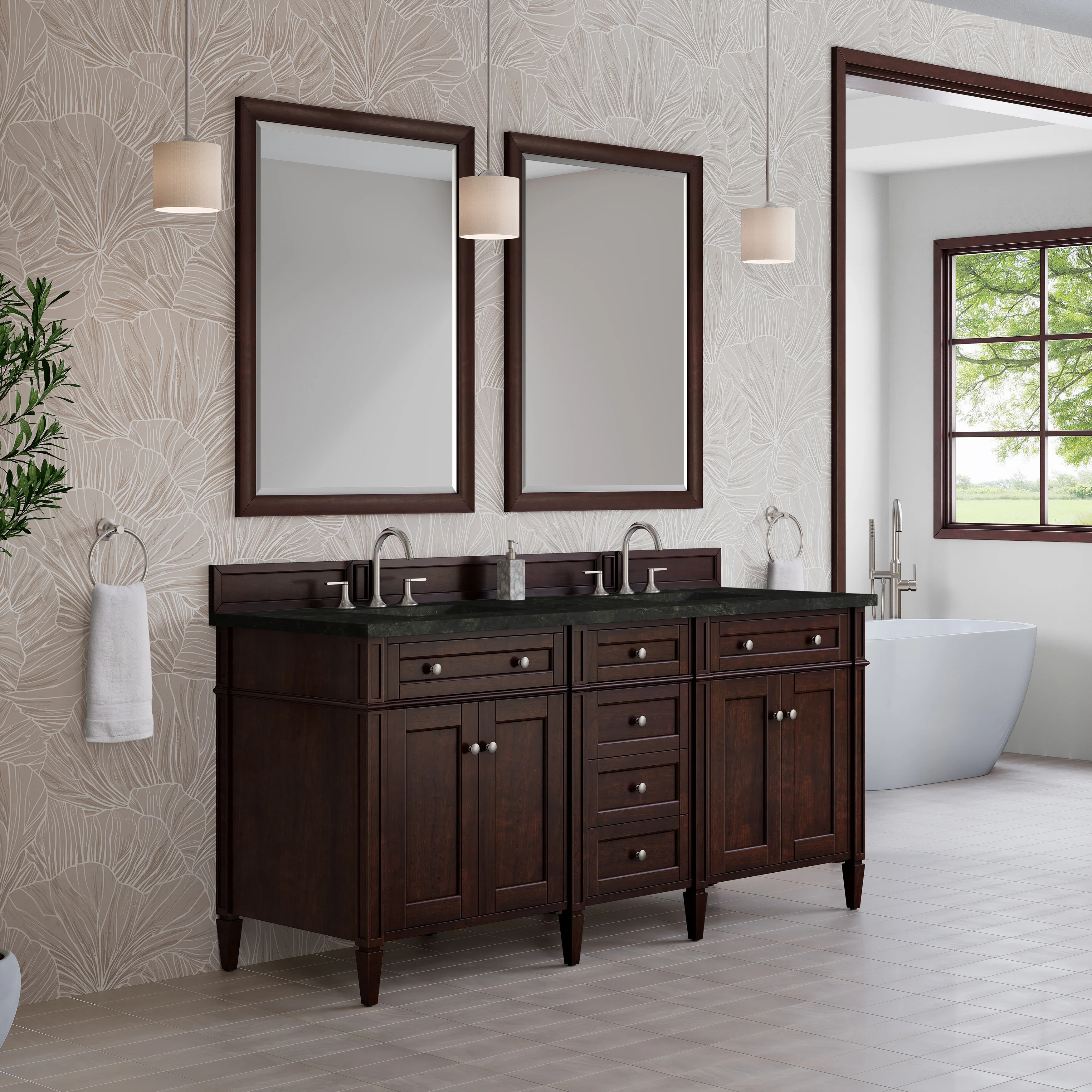 Brittany 72" Double Vanity, Burnished Mahogany, w/ 3 CM Phantome Eclos Top