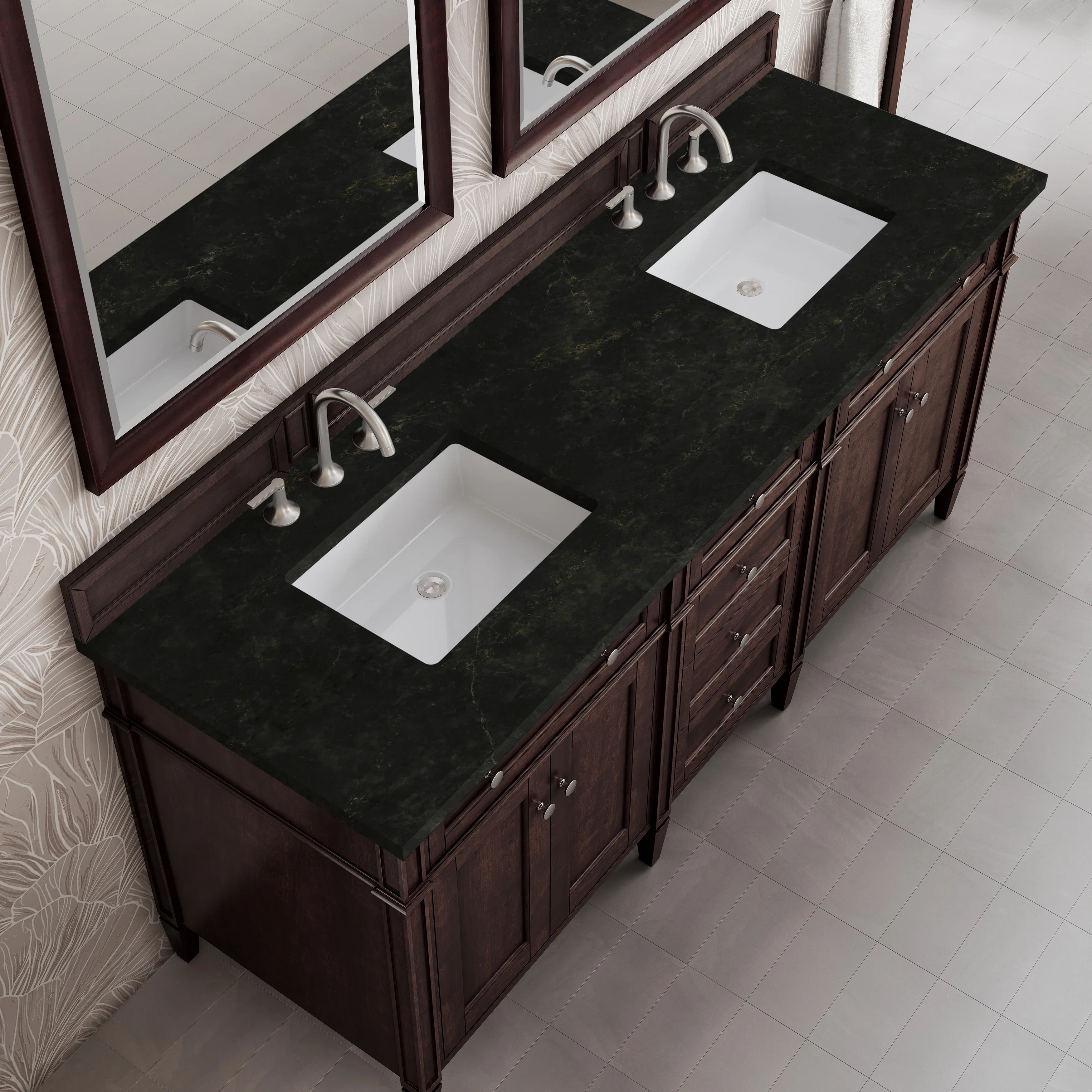 Brittany 72" Double Vanity, Burnished Mahogany, w/ 3 CM Phantome Eclos Top