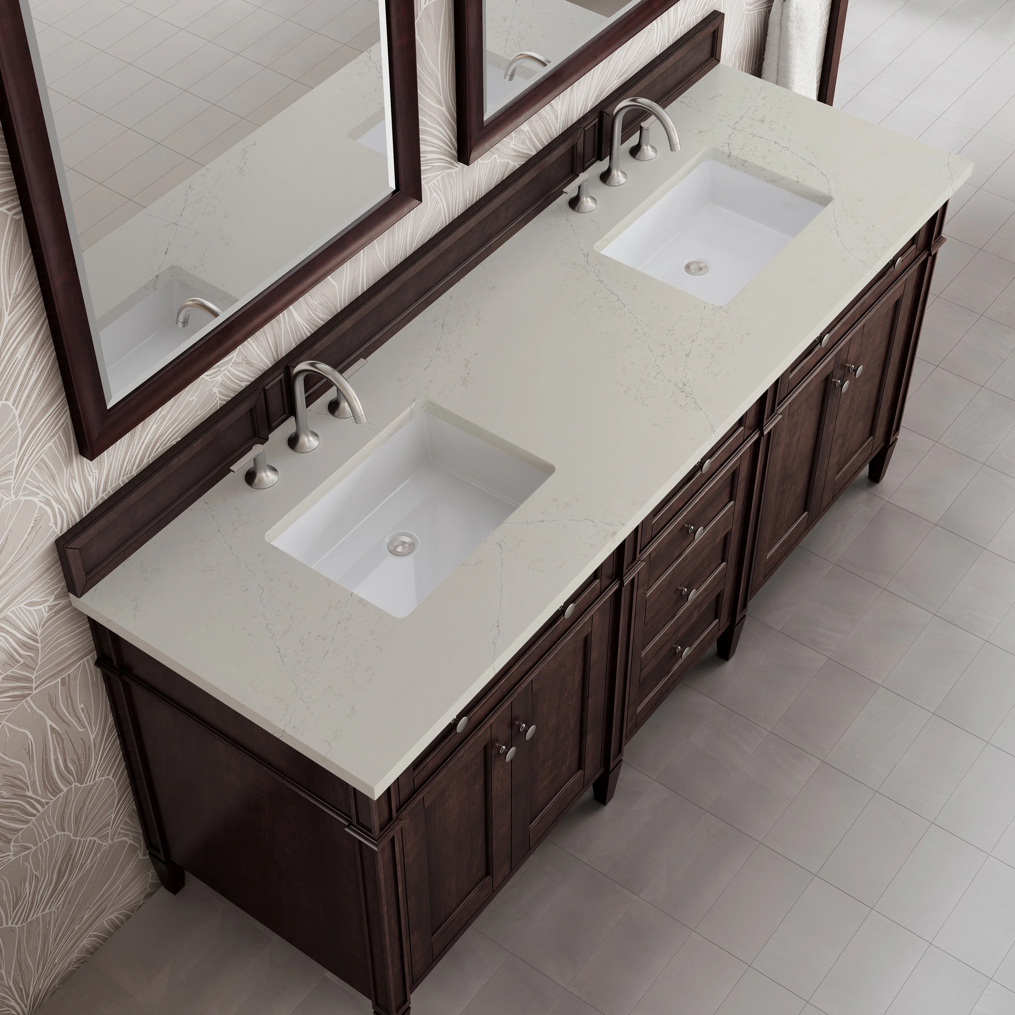 Brittany 72" Double Vanity, Burnished Mahogany, w/ 3 CM Siberian Silestone Top